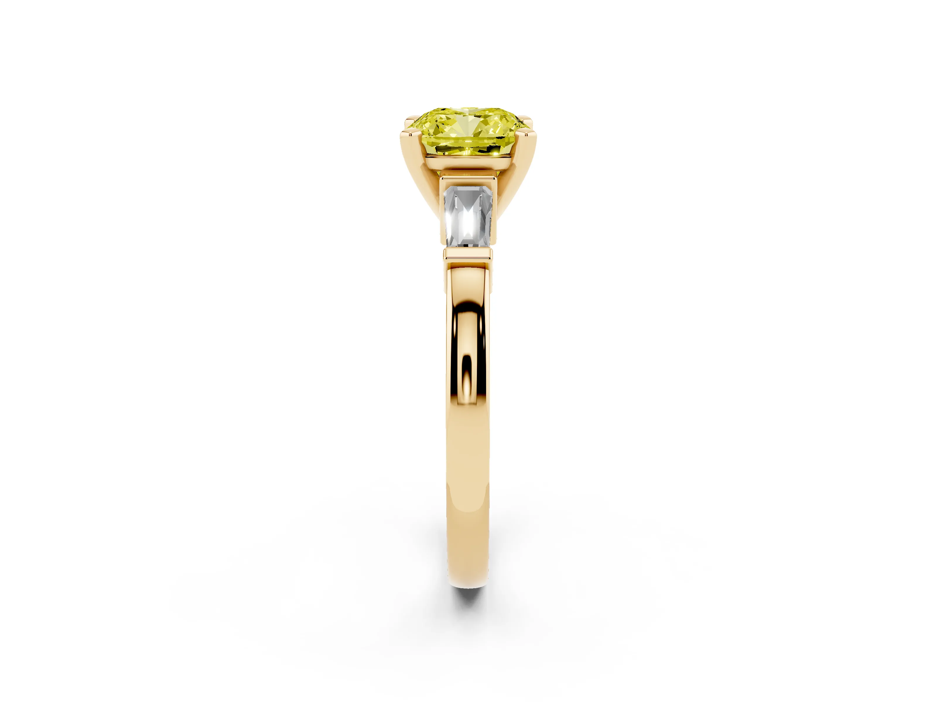 Fancy Yellow Cushion Cut Diamond Solitaire Ring Set in Yellow gold with Tapered Baguette Accents and Prong Setting
