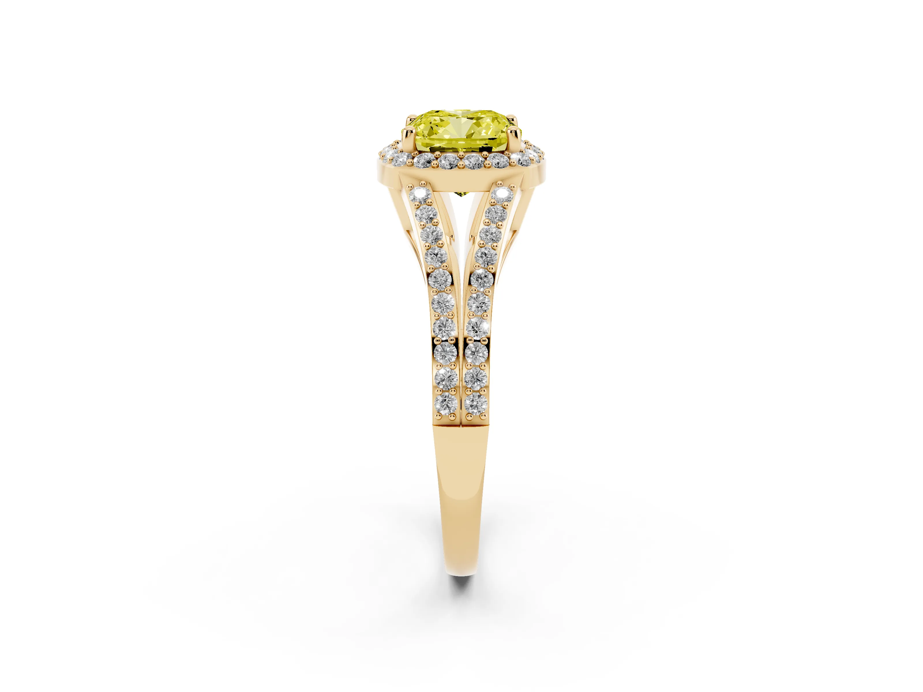 Fancy Yellow Cushion Cut Diamond Halo Split Shank Ring Set in Yellow gold with Accent Stones and Prong Setting