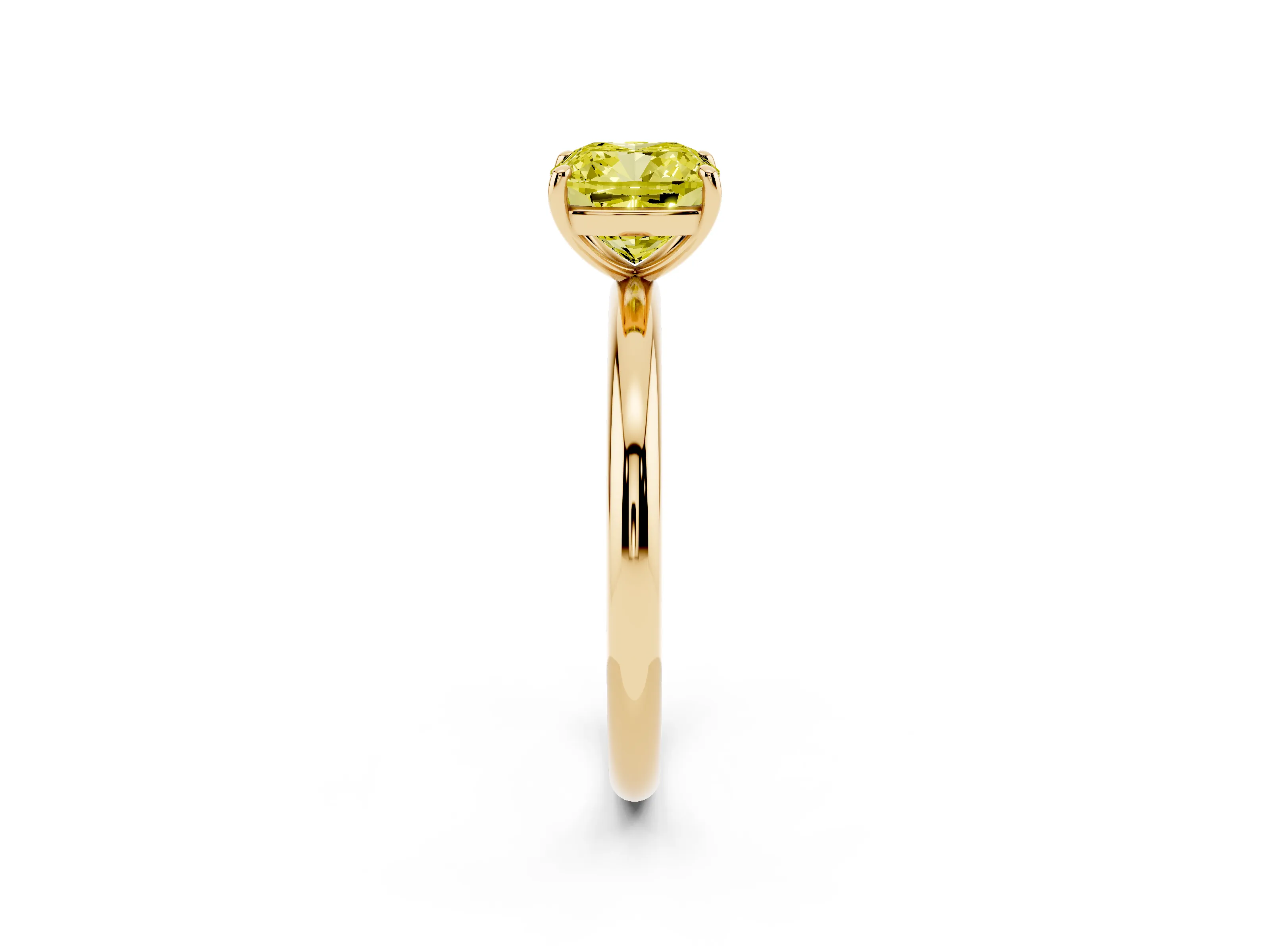 Fancy Yellow Cushion Cut Diamond Solitaire Ring Set in Yellow gold with Prong Setting on a Polished Plain Band
