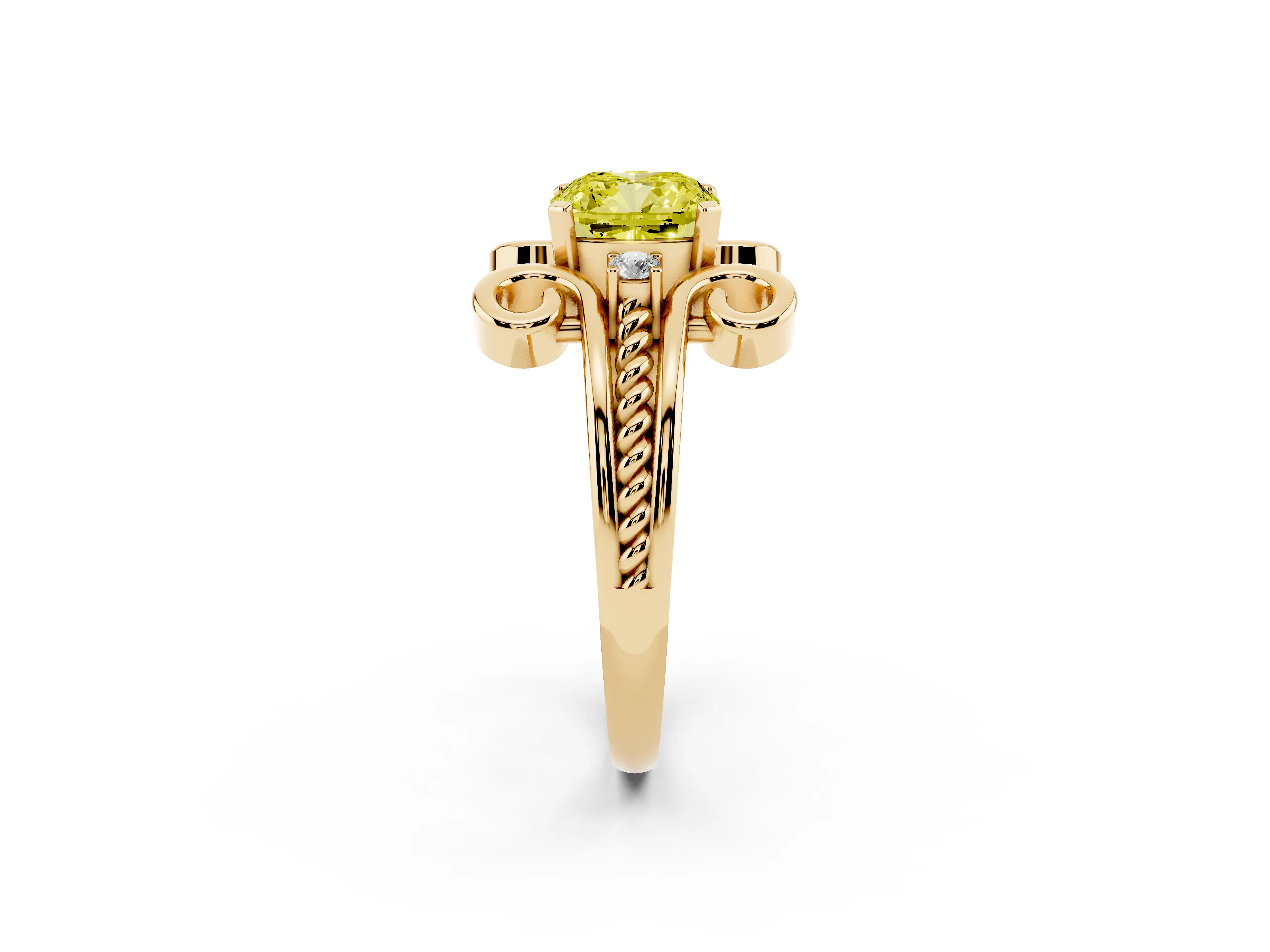 Fancy Yellow Cushion Cut Diamond Twisted Band Solitaire Ring Set in Yellow gold with Scroll Prongs