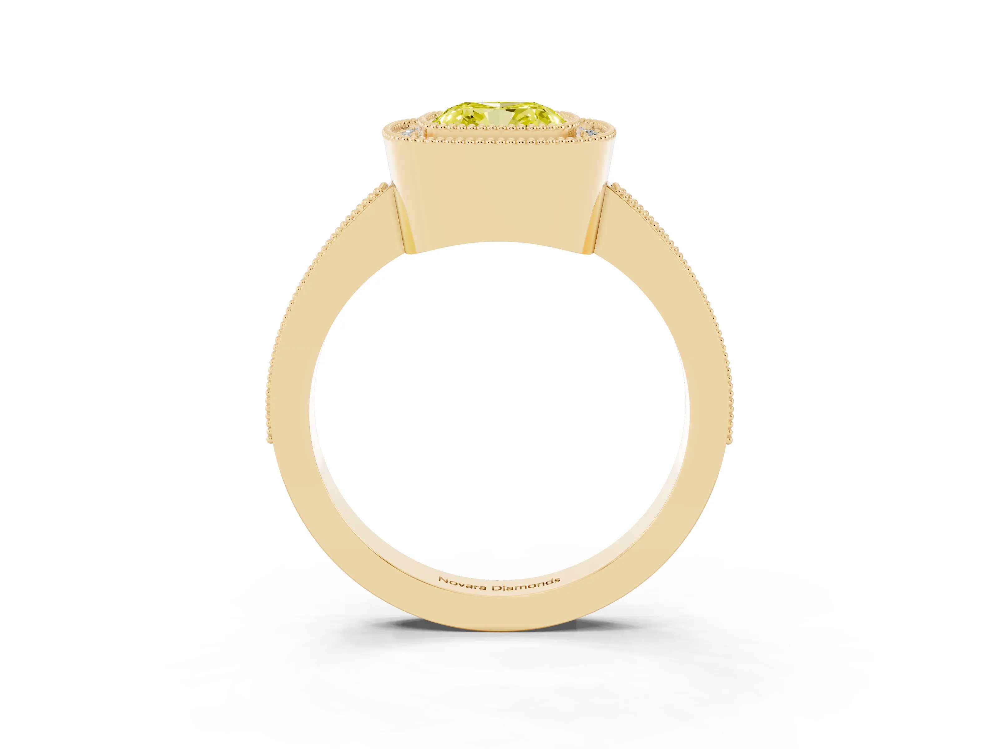 Fancy Yellow Cushion Cut Diamond Halo Engagement Ring Set in Yellow gold with Pavé Band and Round Halo Stones
