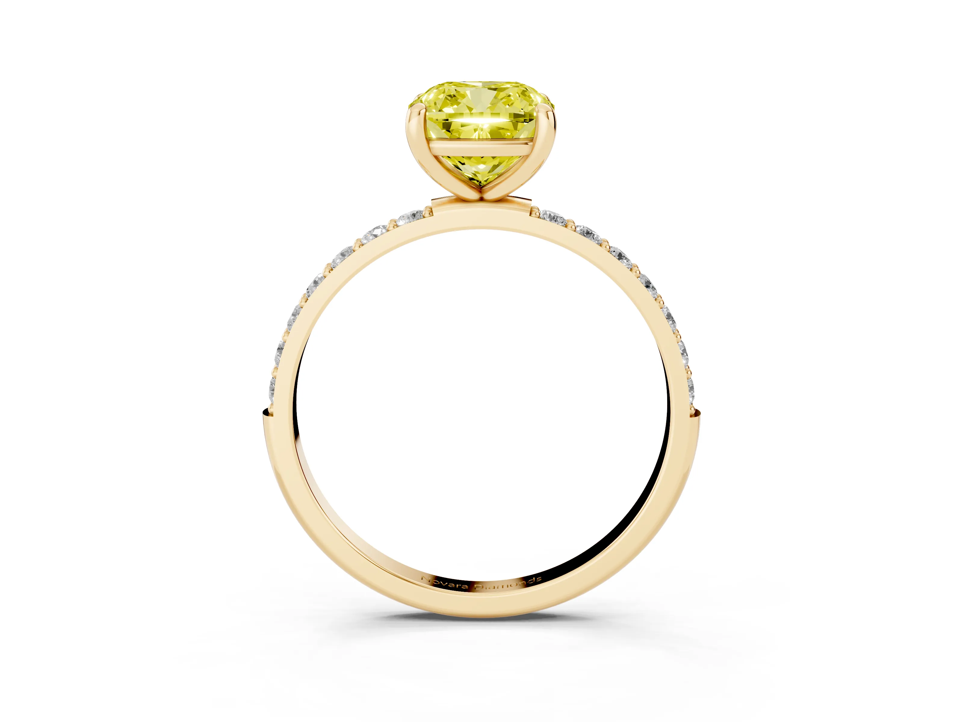 Fancy Yellow Cushion Cut Diamond Solitaire Ring Set in Yellow gold with Round Pavé Band and Prong Setting