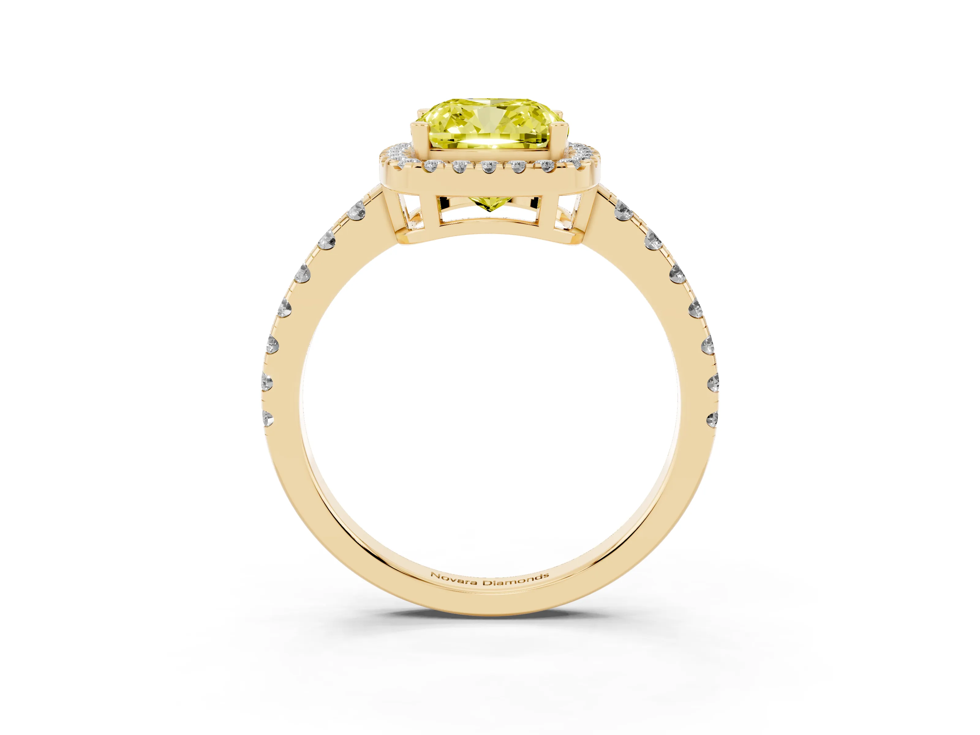 Fancy Yellow Cushion Cut Diamond Halo Ring Set in Yellow gold with Delicate Pavé Band and Prong Setting