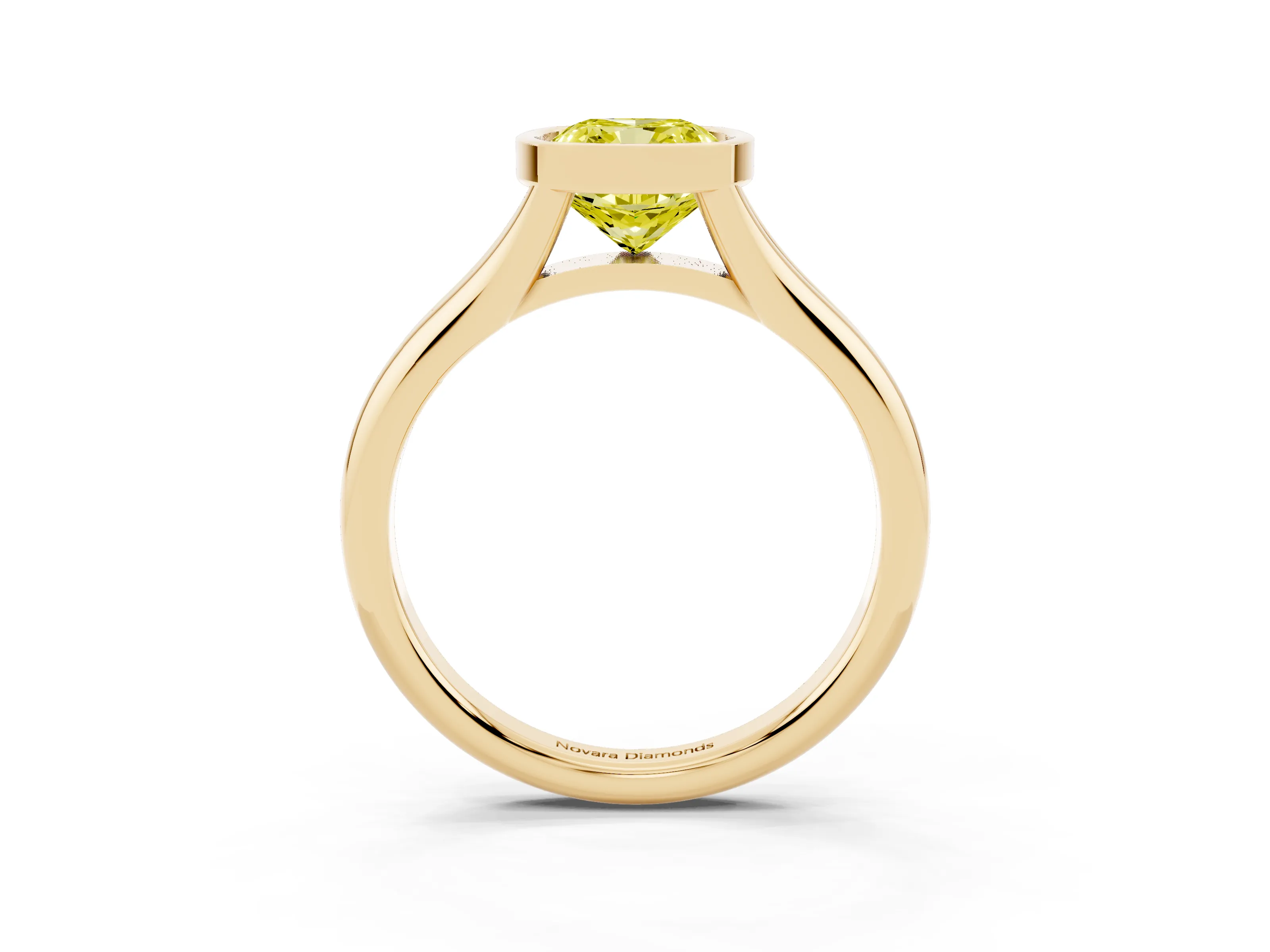 Fancy Yellow Bezel Set Cushion Cut Diamond Solitaire Ring Set in Yellow gold with Smooth Band