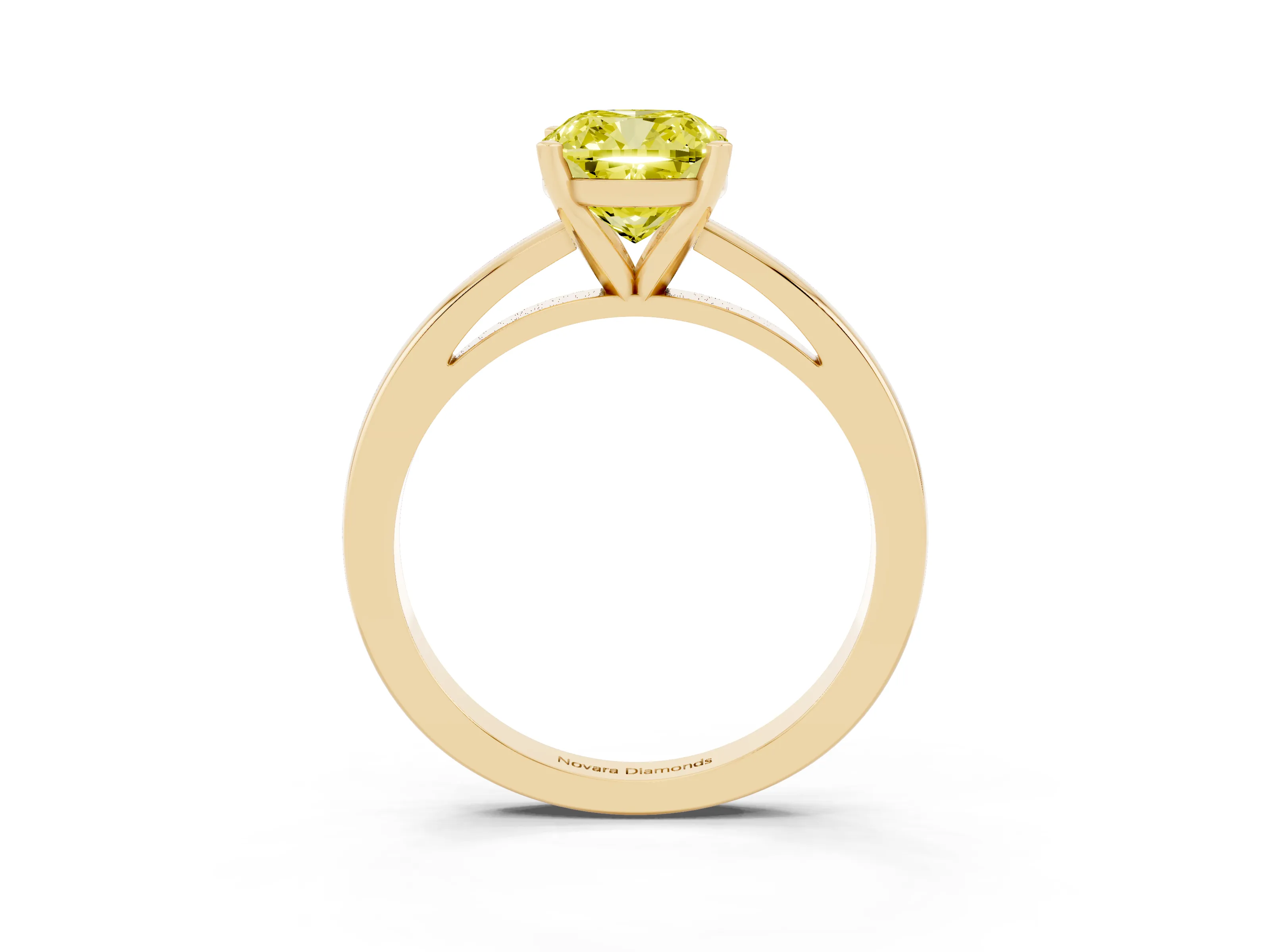 Fancy Yellow Cushion Cut Diamond Solitaire Engagement Ring Set in Yellow gold with Prong Setting on a Classic Band