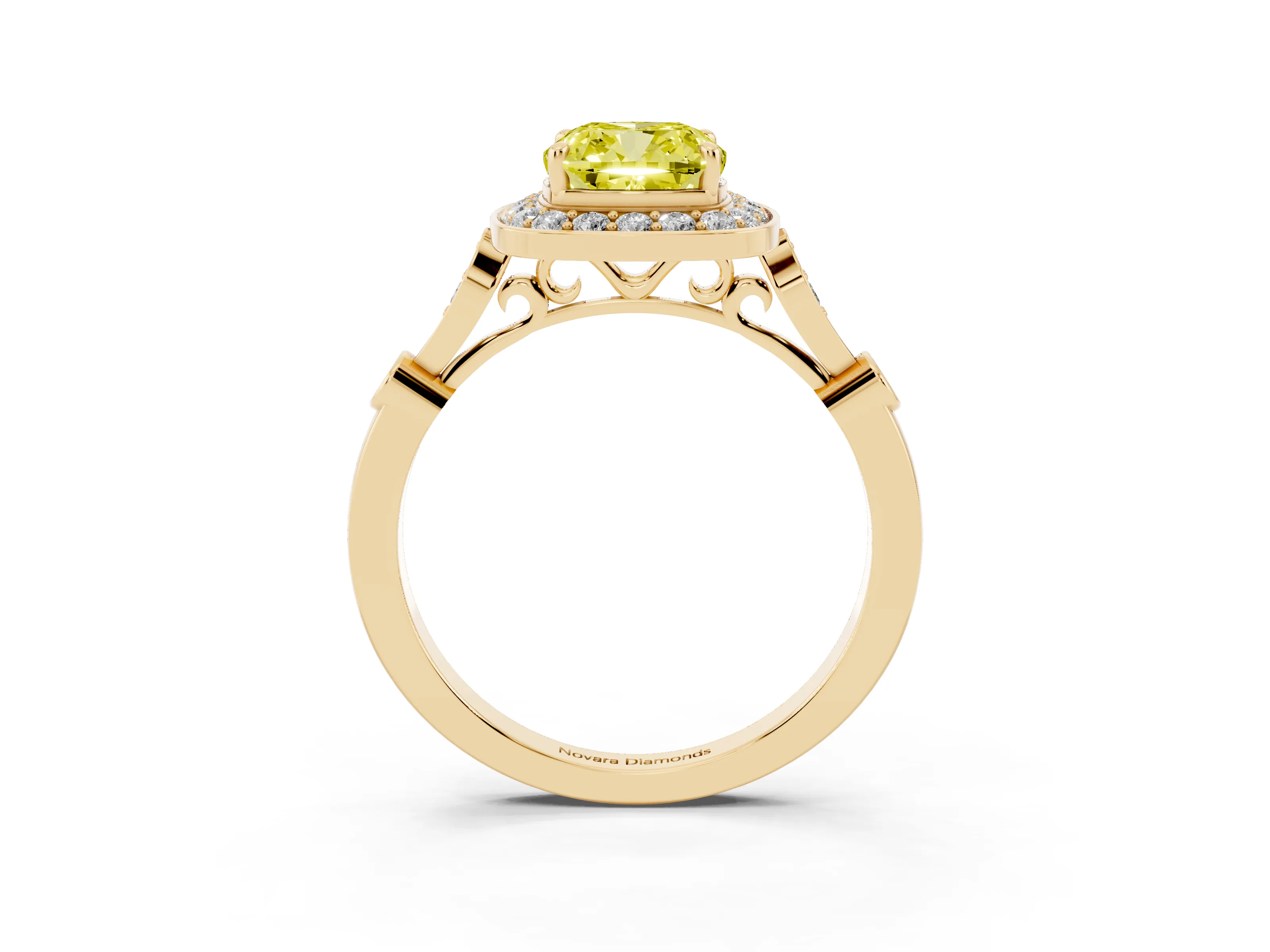 Fancy Yellow Cushion Cut Diamond Halo Engagement Ring Set in Yellow gold with Twisted Band and Prong Setting