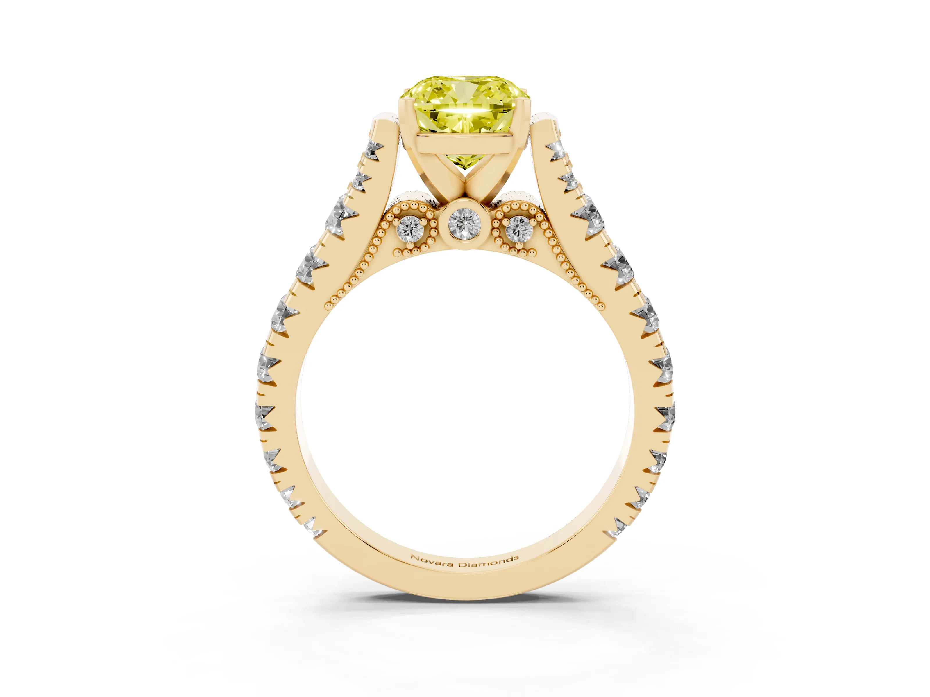 Fancy Yellow Cushion Cut Diamond Classic Solitaire Ring Set in Yellow gold with Pavé Band and Prong Setting