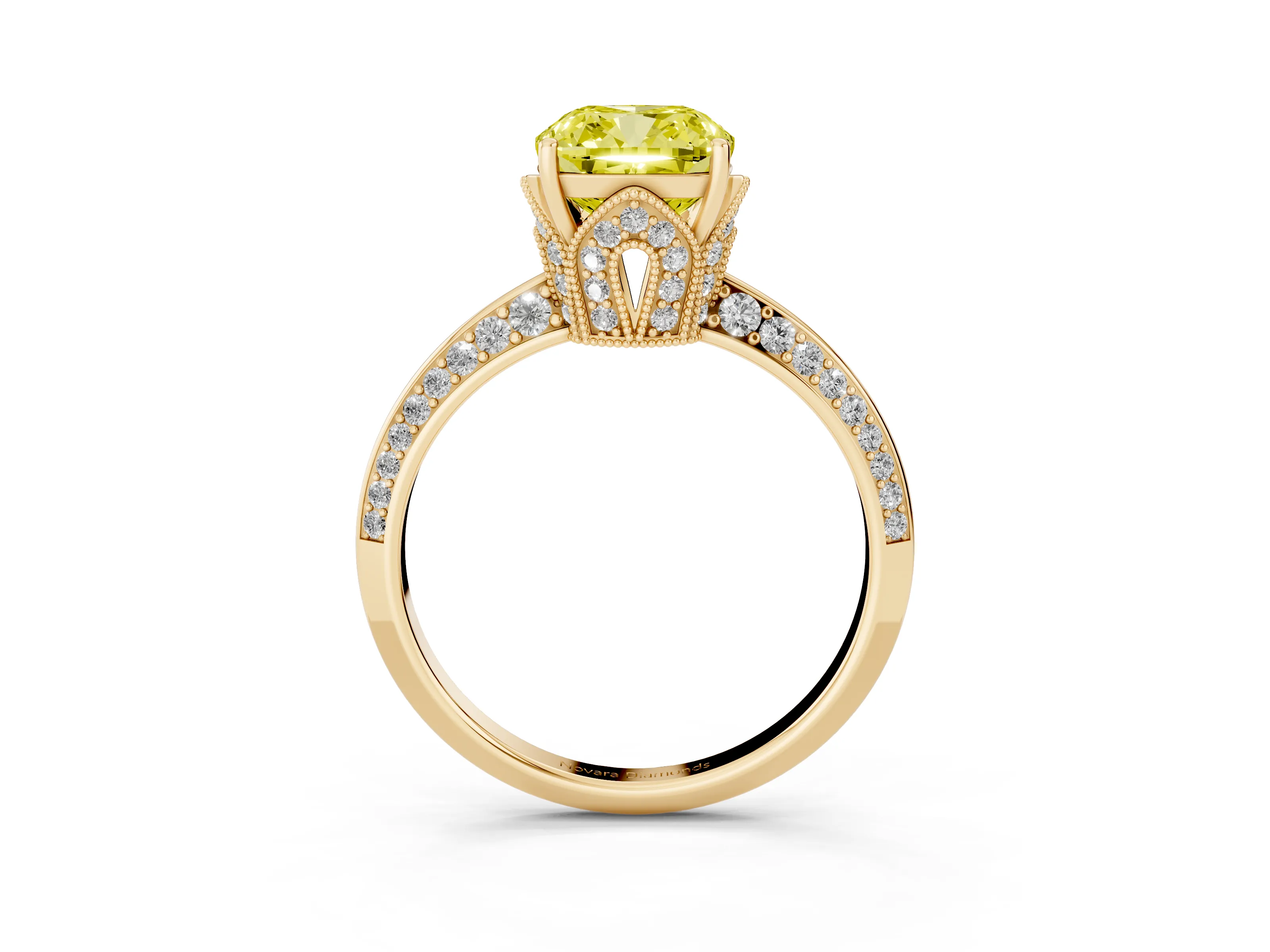 Fancy Yellow Cushion Cut Diamond Solitaire Engagement Ring Set in Yellow gold with Pavé Split Shank and Prong Setting