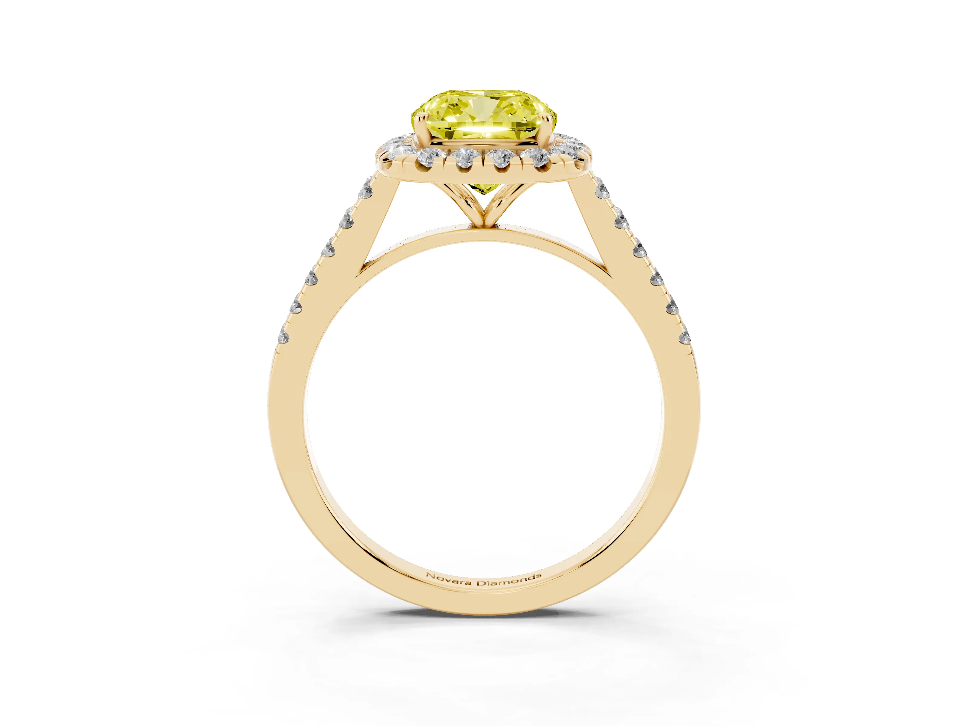 Fancy Yellow Cushion Cut Diamond Halo Pavé Engagement Ring Set in Yellow gold with Prong Setting
