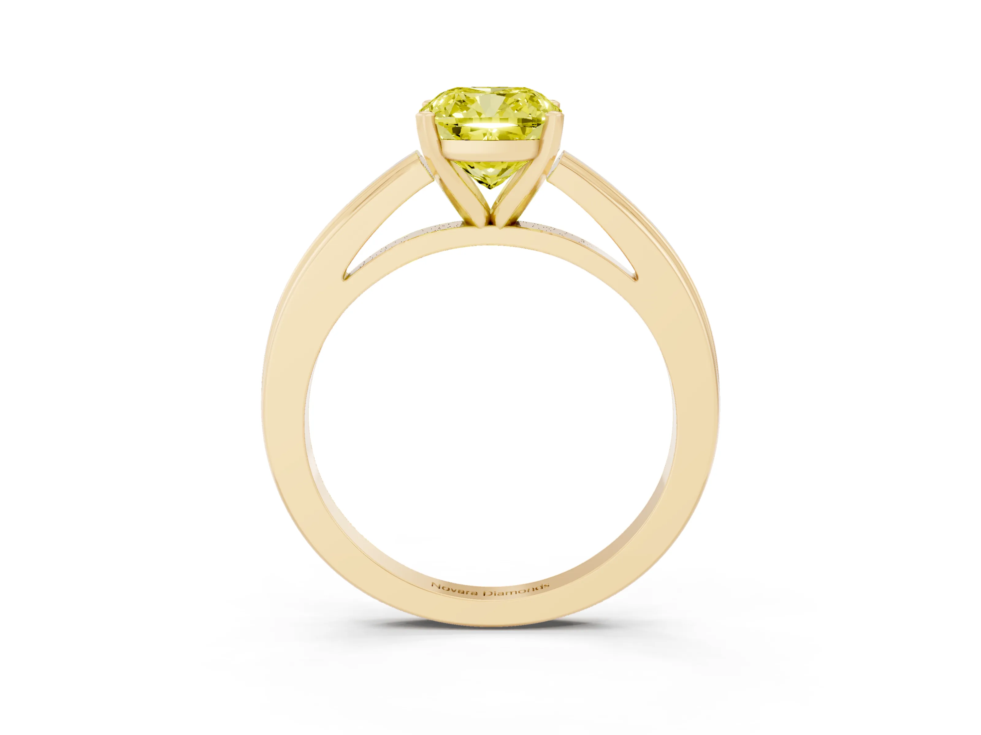 Fancy Yellow Cushion Cut Diamond Solitaire Ring Set in Yellow gold with Prong Setting and Classic Band