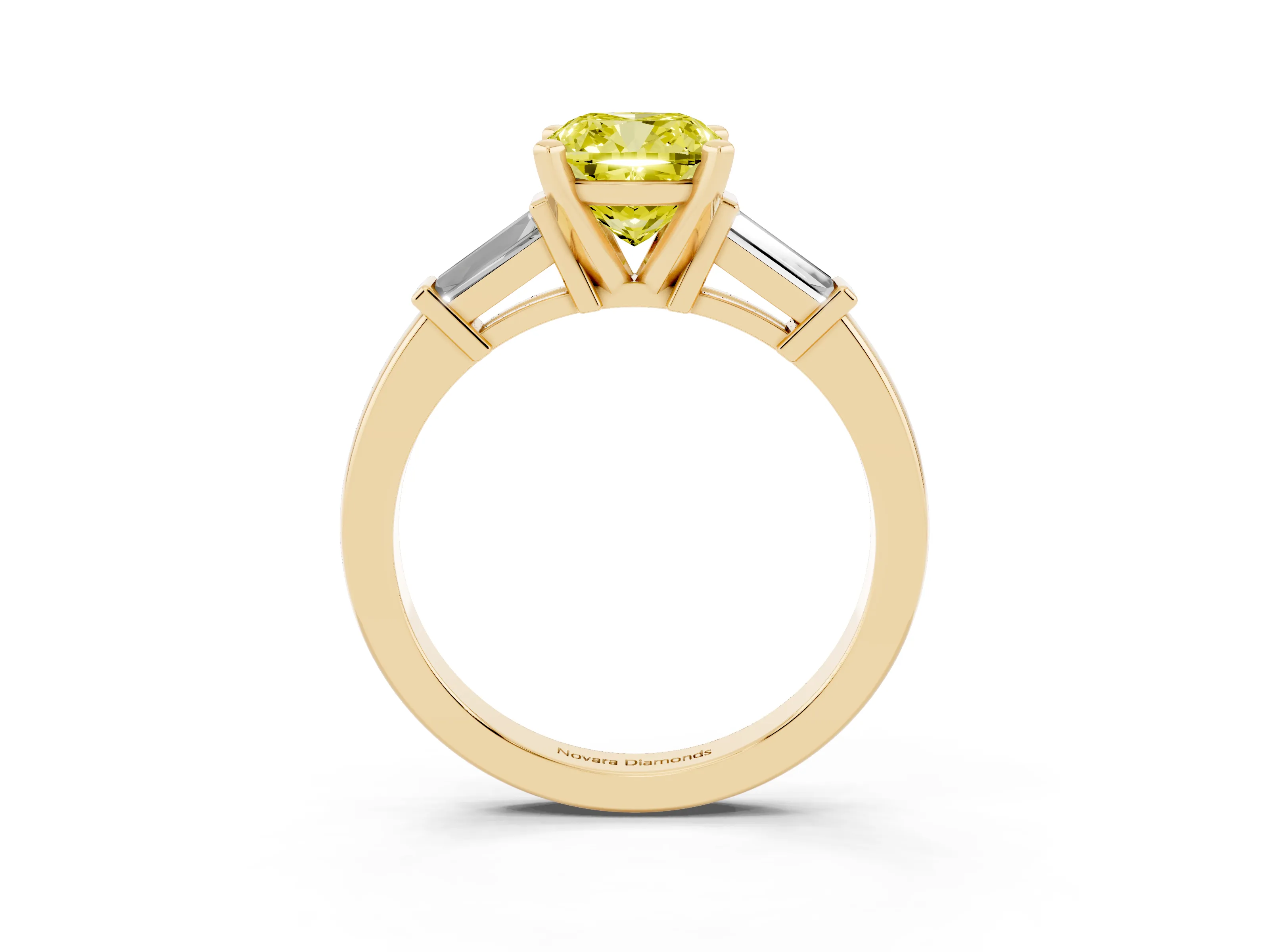 Fancy Yellow Cushion Cut Diamond Solitaire Ring Set in Yellow gold with Tapered Baguette Accents and Prong Setting
