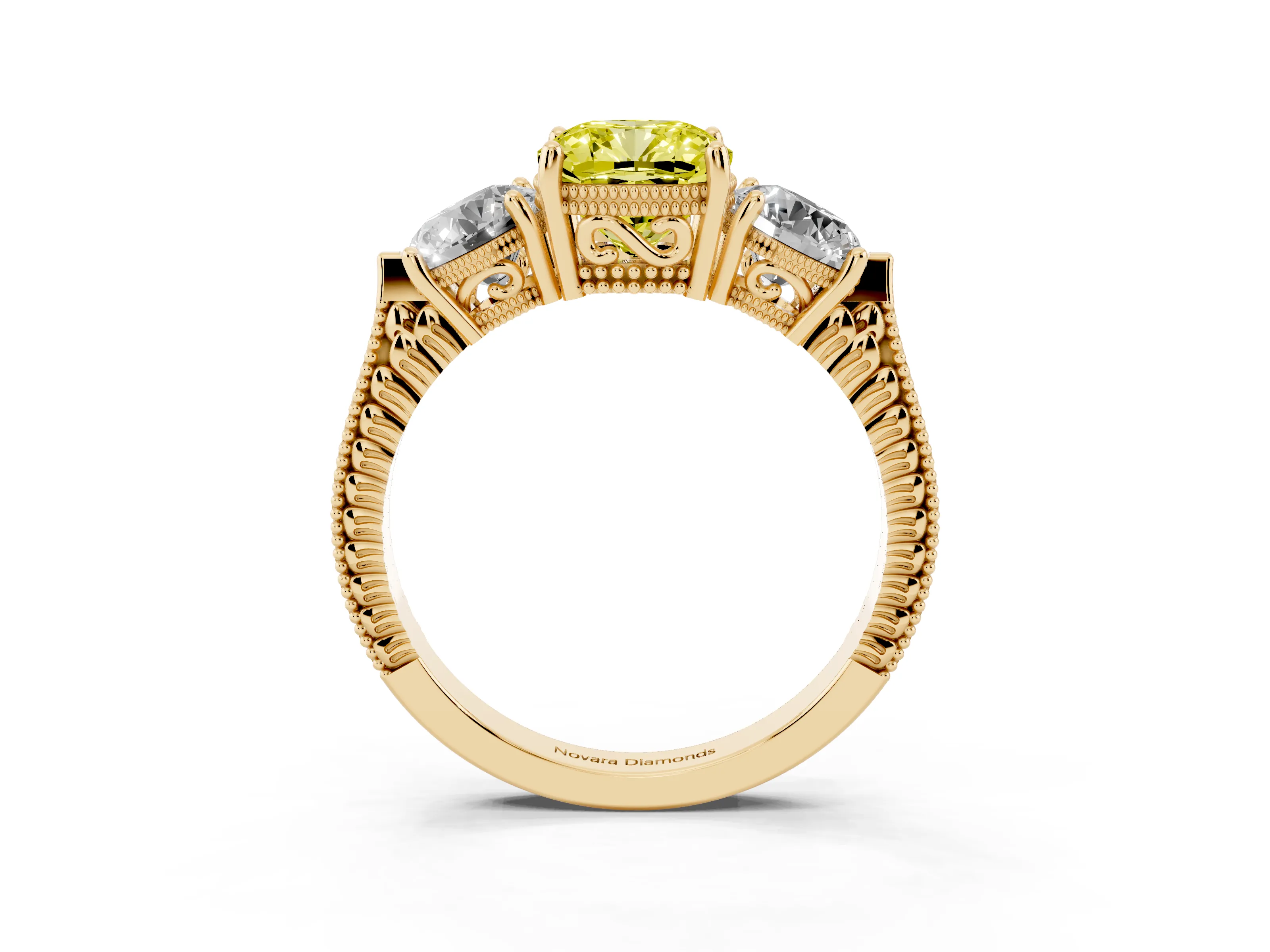 Fancy Yellow Cushion Cut Diamond Three-Stone Ring Set in Yellow gold with Milgrain Band