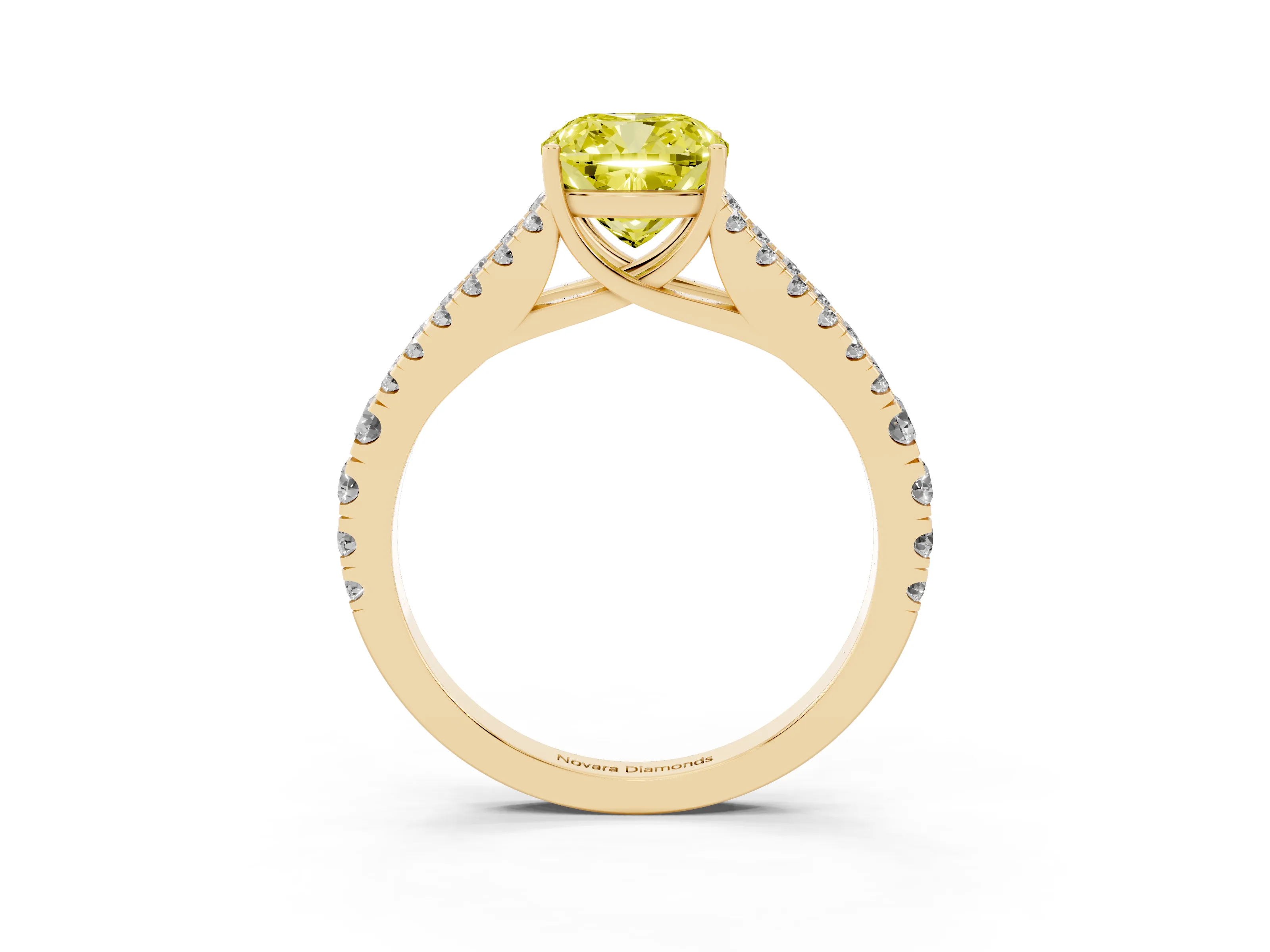 Fancy Yellow Cushion Cut Diamond Split Shank Pavé Engagement Ring Set in Yellow gold with Prong-Held Center Stone