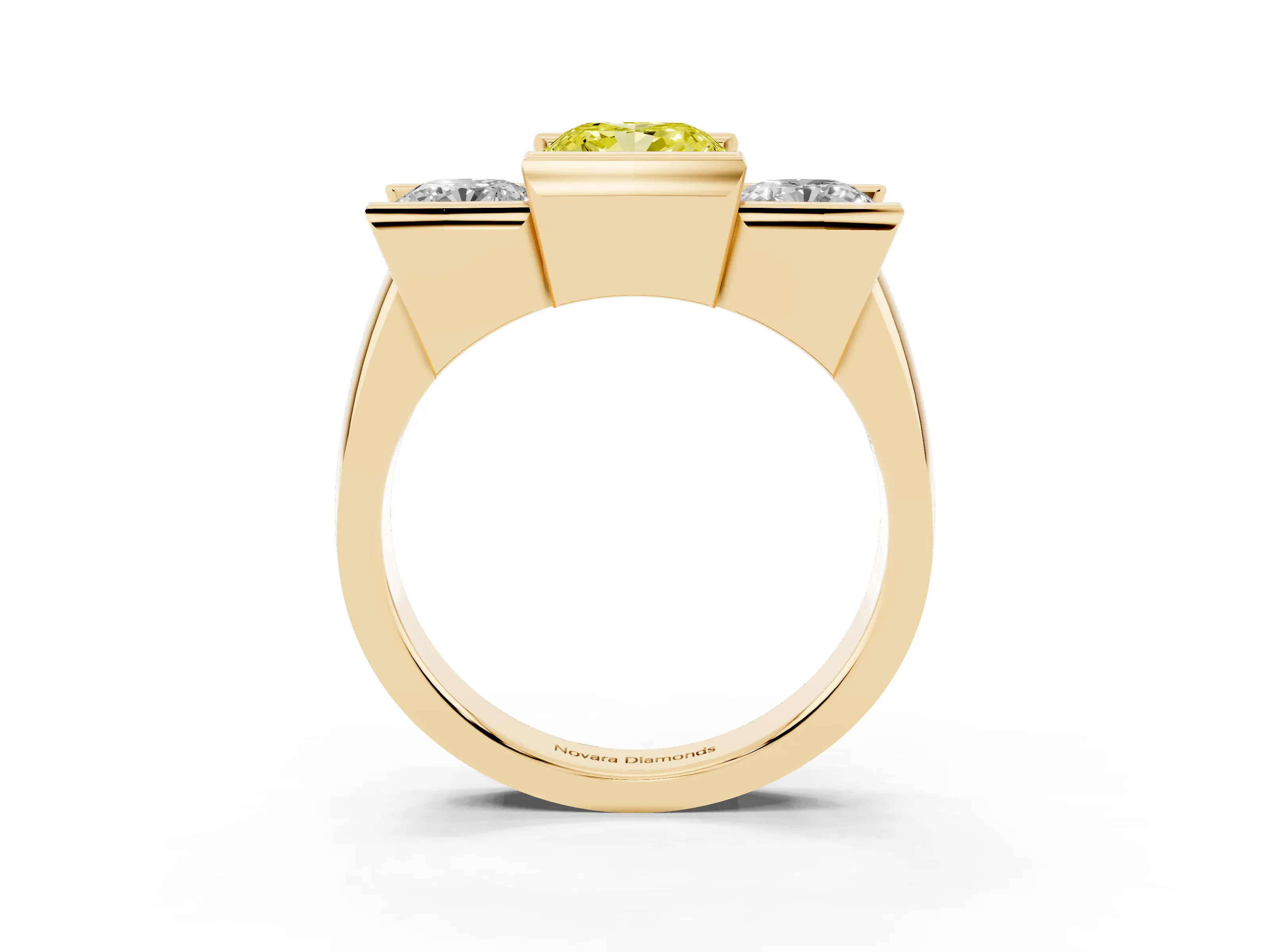 Fancy Yellow Cushion Cut Diamond Three-Stone Channel Set Ring Set in Yellow gold with Smooth Polished Band
