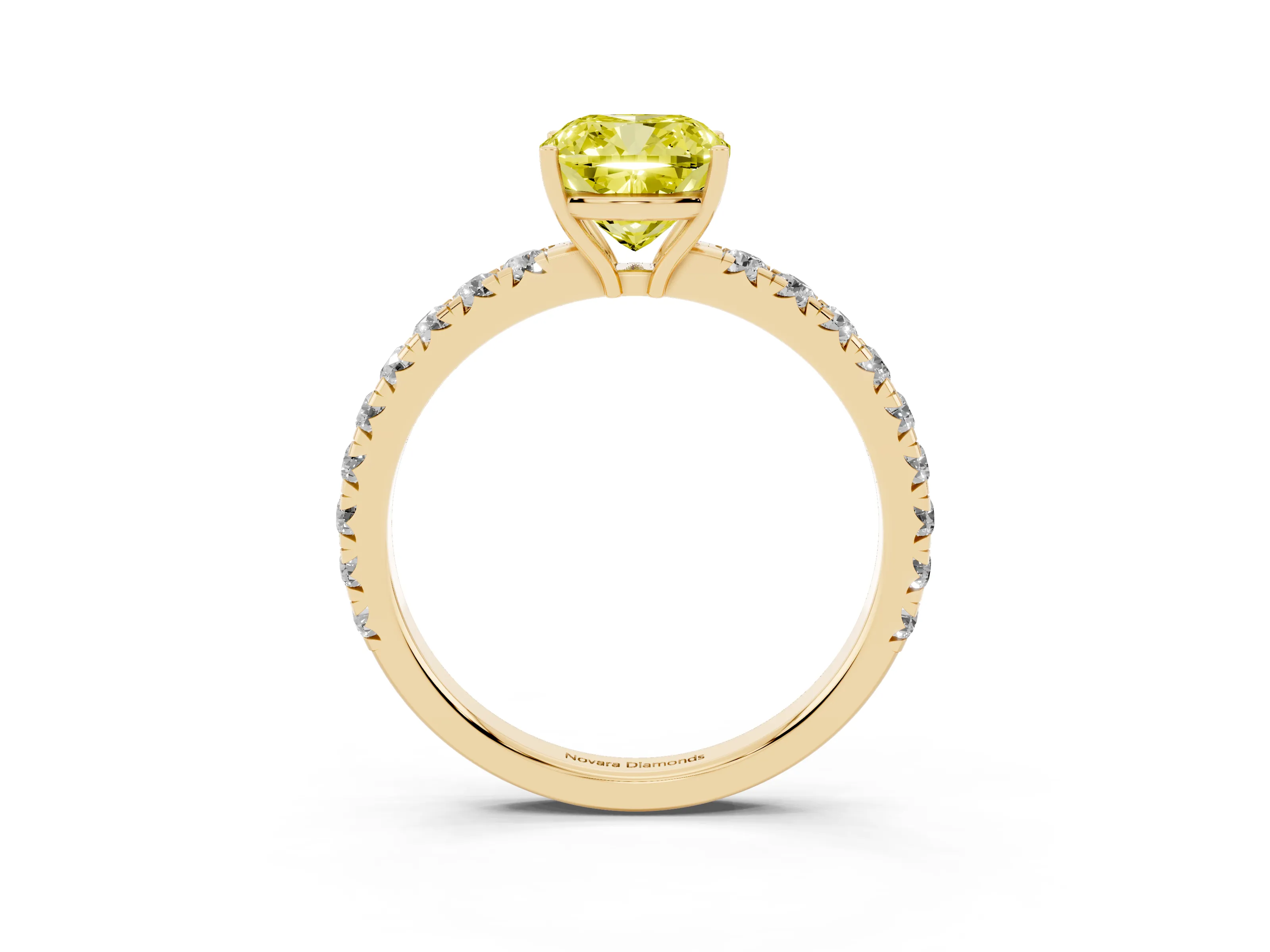 Fancy Yellow Cushion Cut Diamond Pavé Solitaire Engagement Ring Set in Yellow gold with Prong Setting