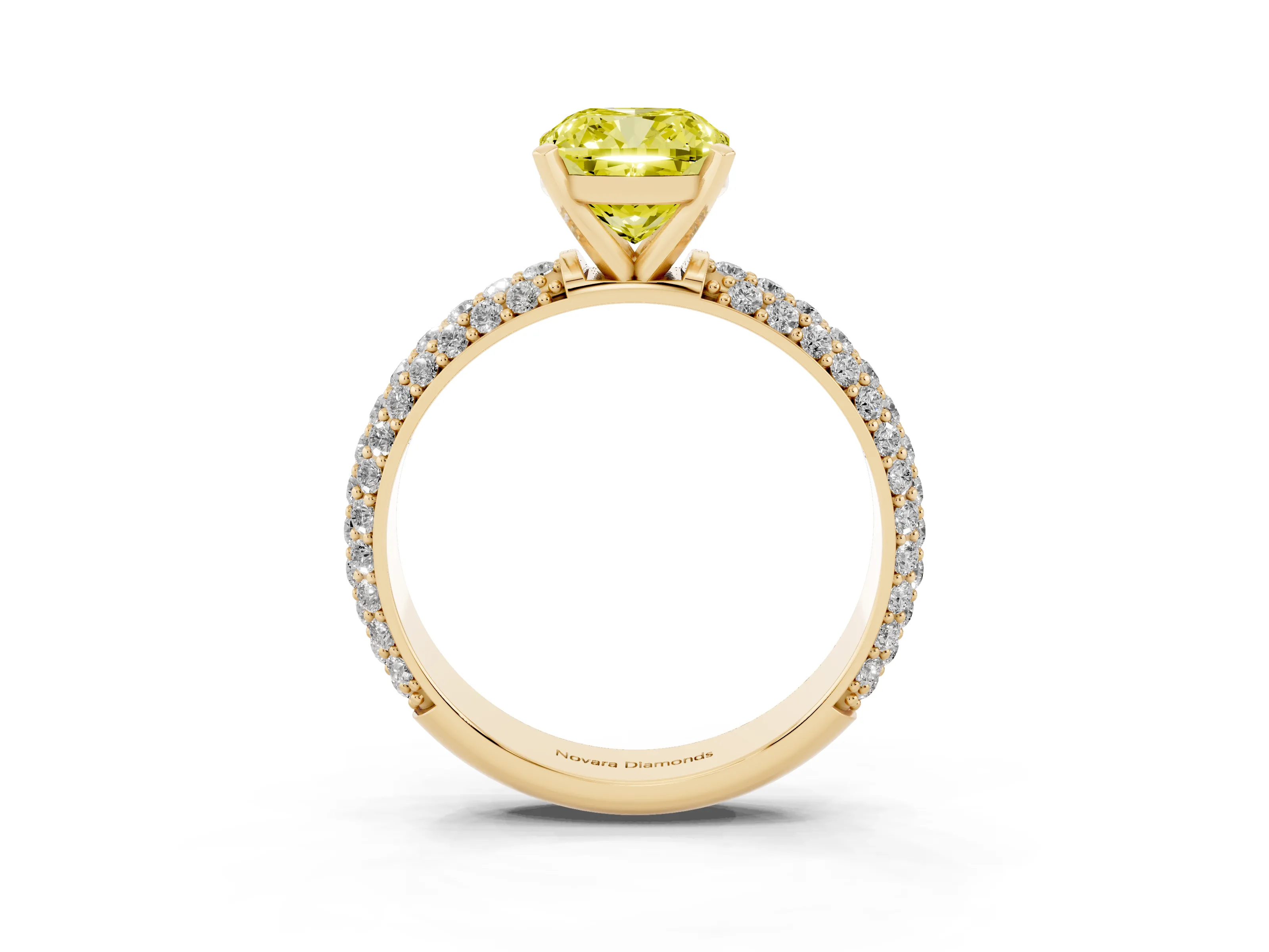 Fancy Yellow Cushion Cut Diamond Solitaire Ring Set in Yellow gold with Prong Setting and Pavé-Set Band