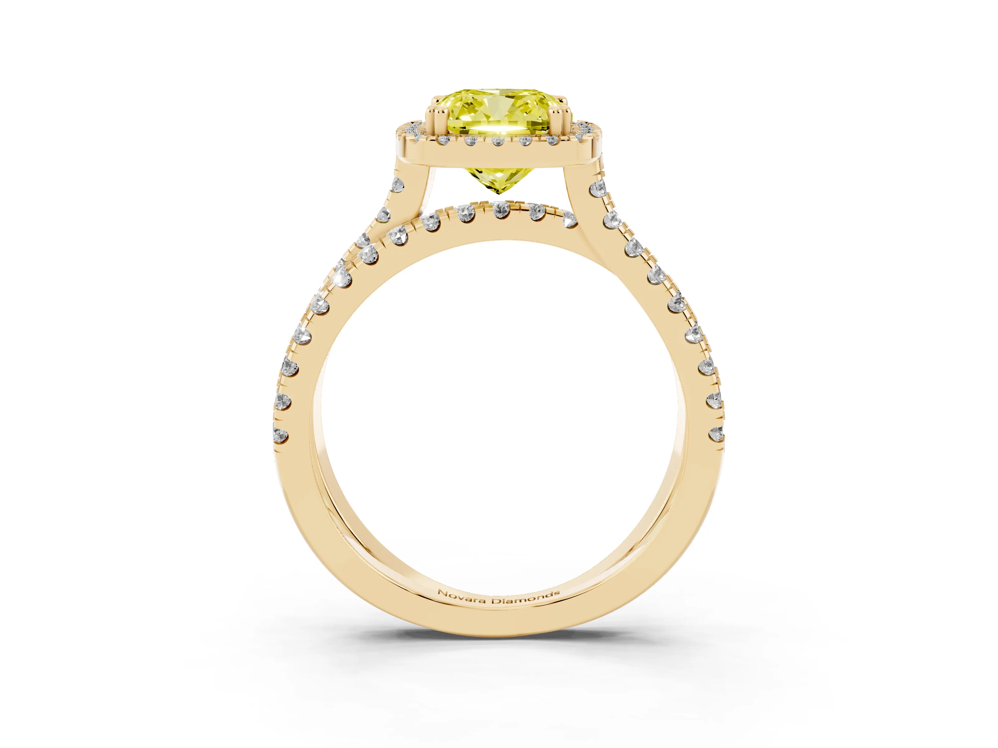 Fancy Yellow Cushion Cut Diamond Halo Split Shank Ring Set in Yellow gold with Pavé Setting