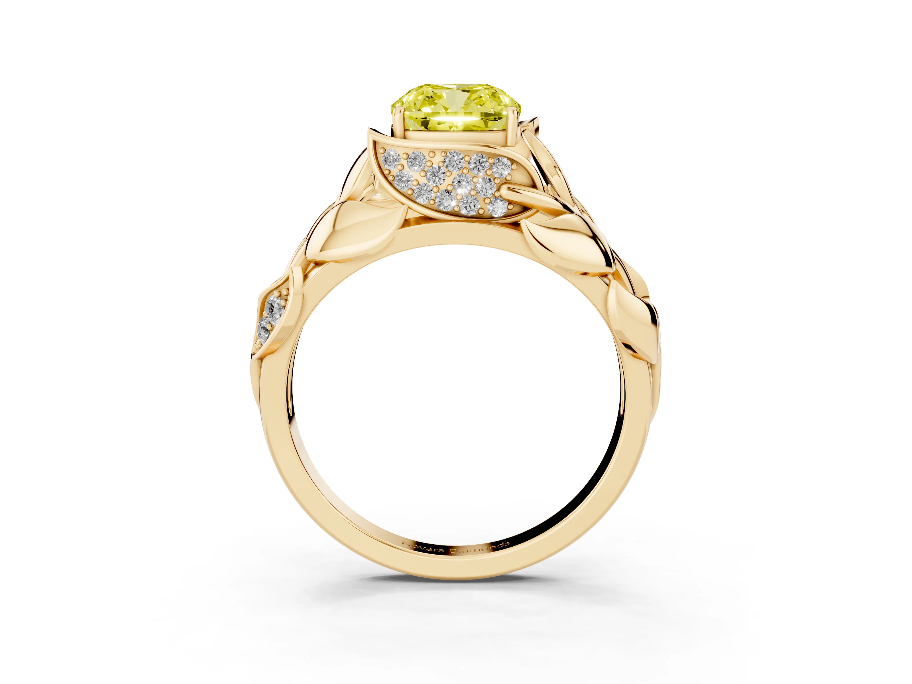 Fancy Yellow Cushion Cut Diamond Leaf-Inspired Engagement Ring Set in Yellow gold with Round Accents