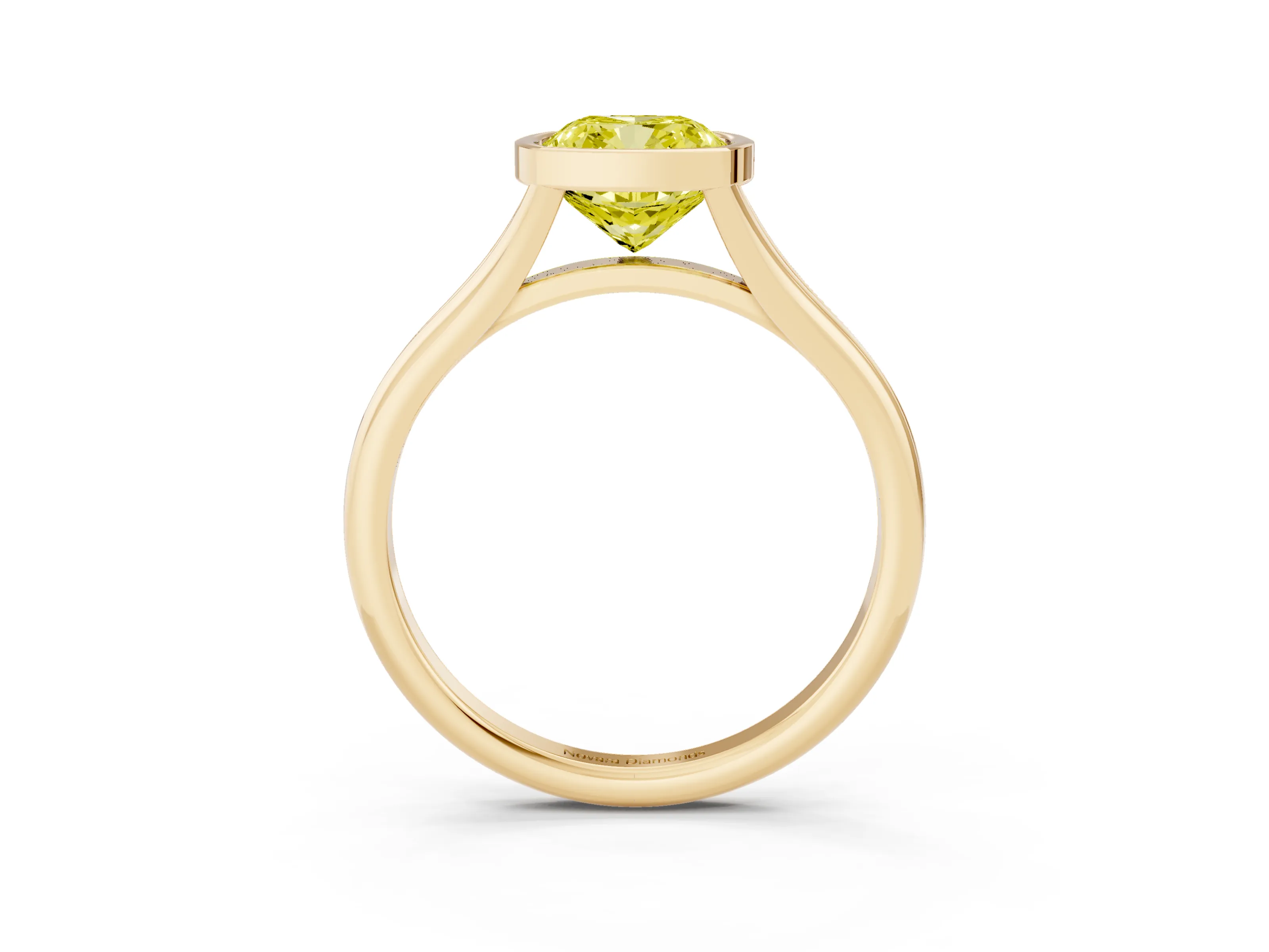 Fancy Yellow Bezel Set Cushion Cut Diamond Solitaire Ring Set in Yellow gold with Tapered Band