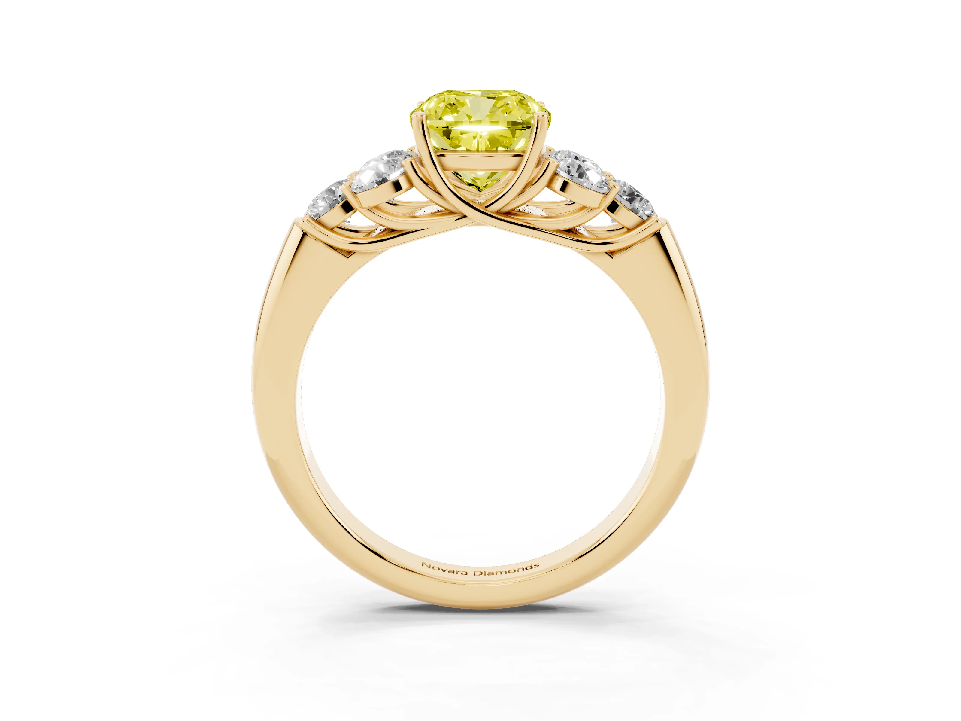 Fancy Yellow Cushion Cut Diamond Cluster Ring Set in Yellow gold with Round Accent Stones and Prong Setting on a Plain Band