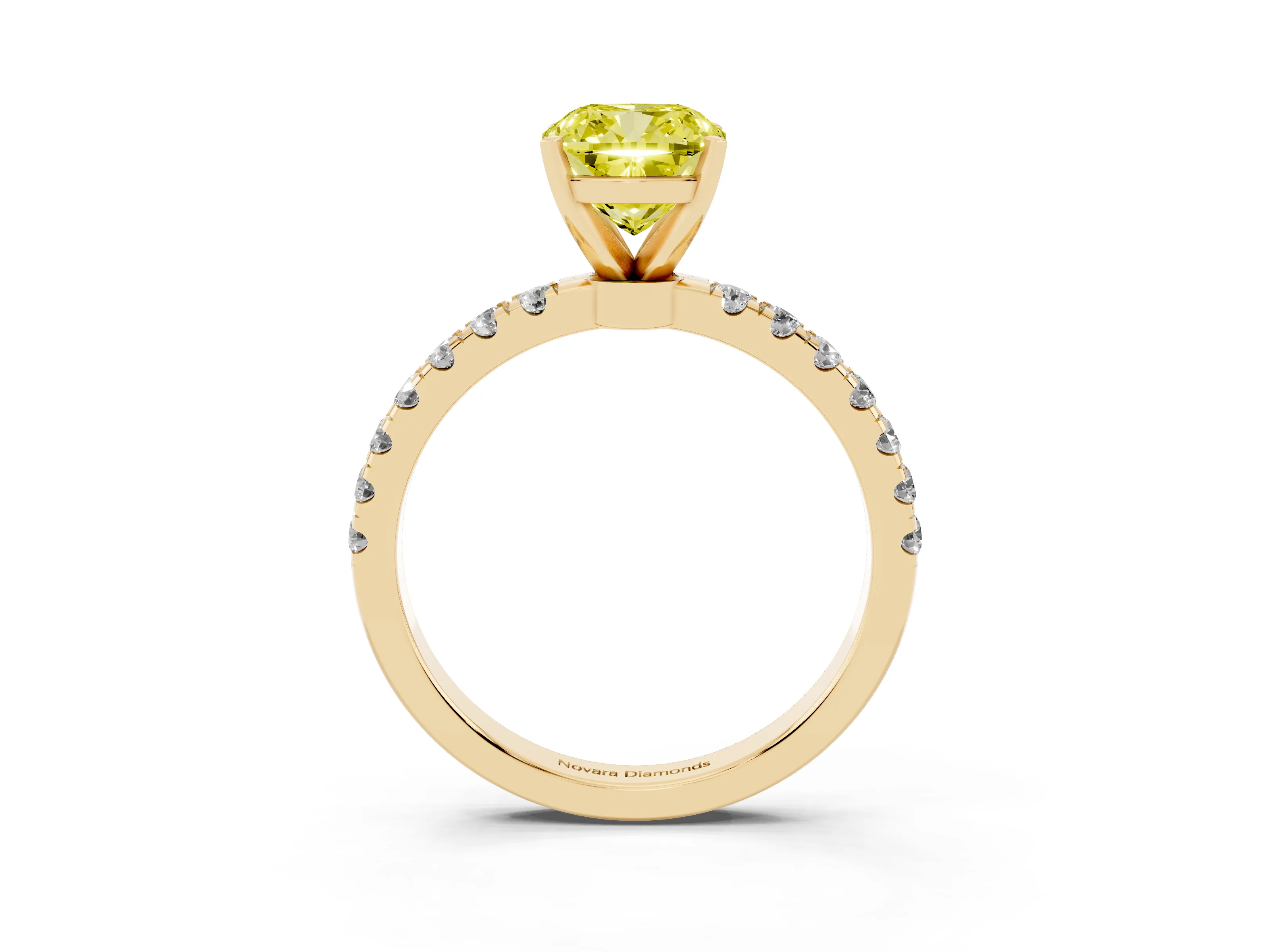 Fancy Yellow Cushion Cut Diamond Solitaire Ring Set in Yellow gold with Pavé Accents and Prong Setting