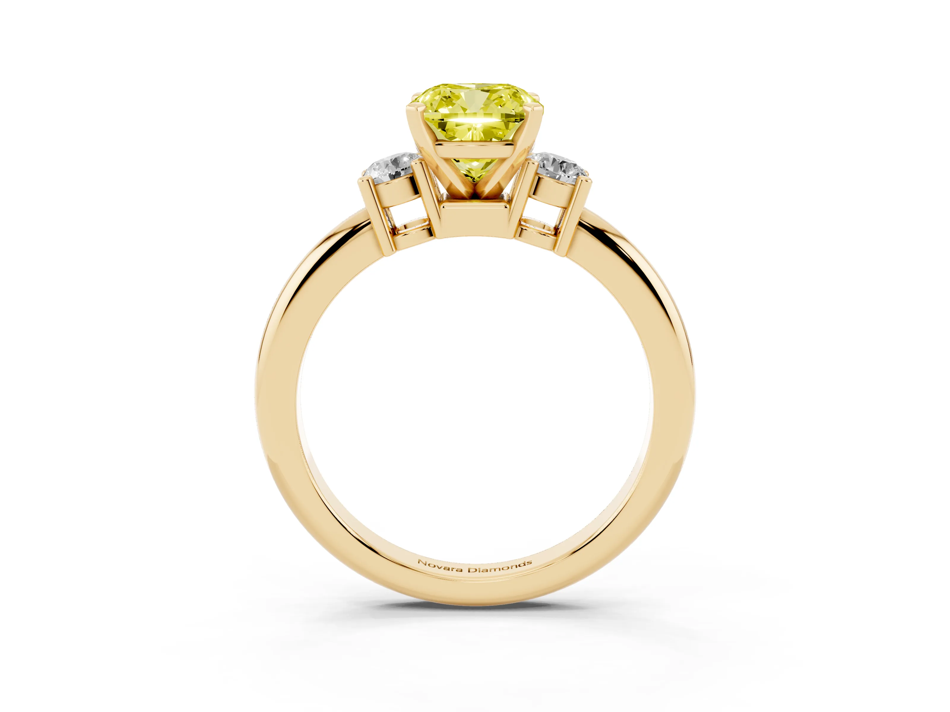 Fancy Yellow Three-Stone Cushion Cut Diamond Ring Set in Yellow gold with Prong Setting and Plain Band
