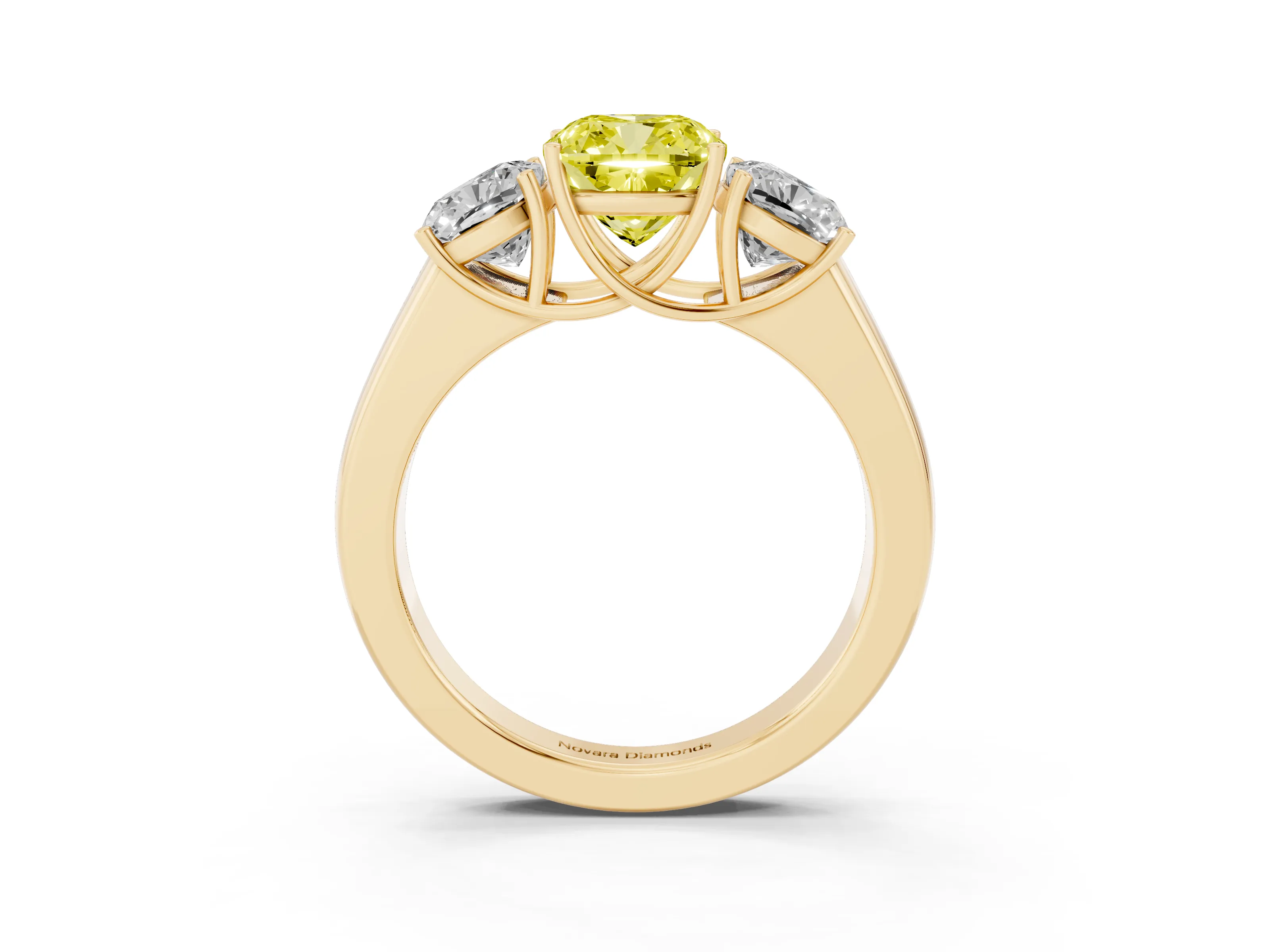 Fancy Yellow Three-Stone Cushion Cut Diamond Ring Set in Yellow gold with Matching Prong Settings and Plain Band