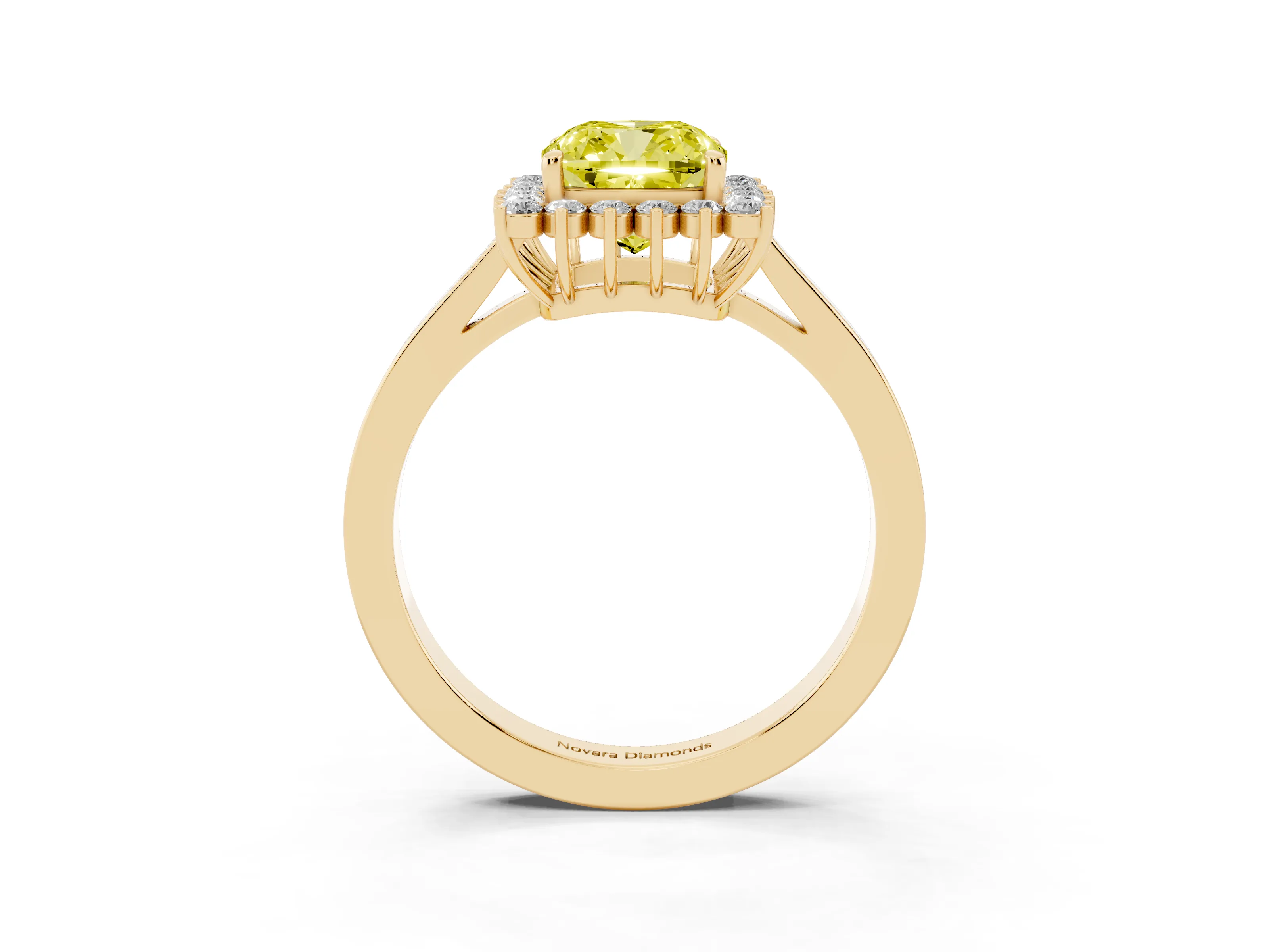 Fancy Yellow Cushion Cut Diamond Halo Ring Set in Yellow gold with Round Halo and Smooth Solitaire Band