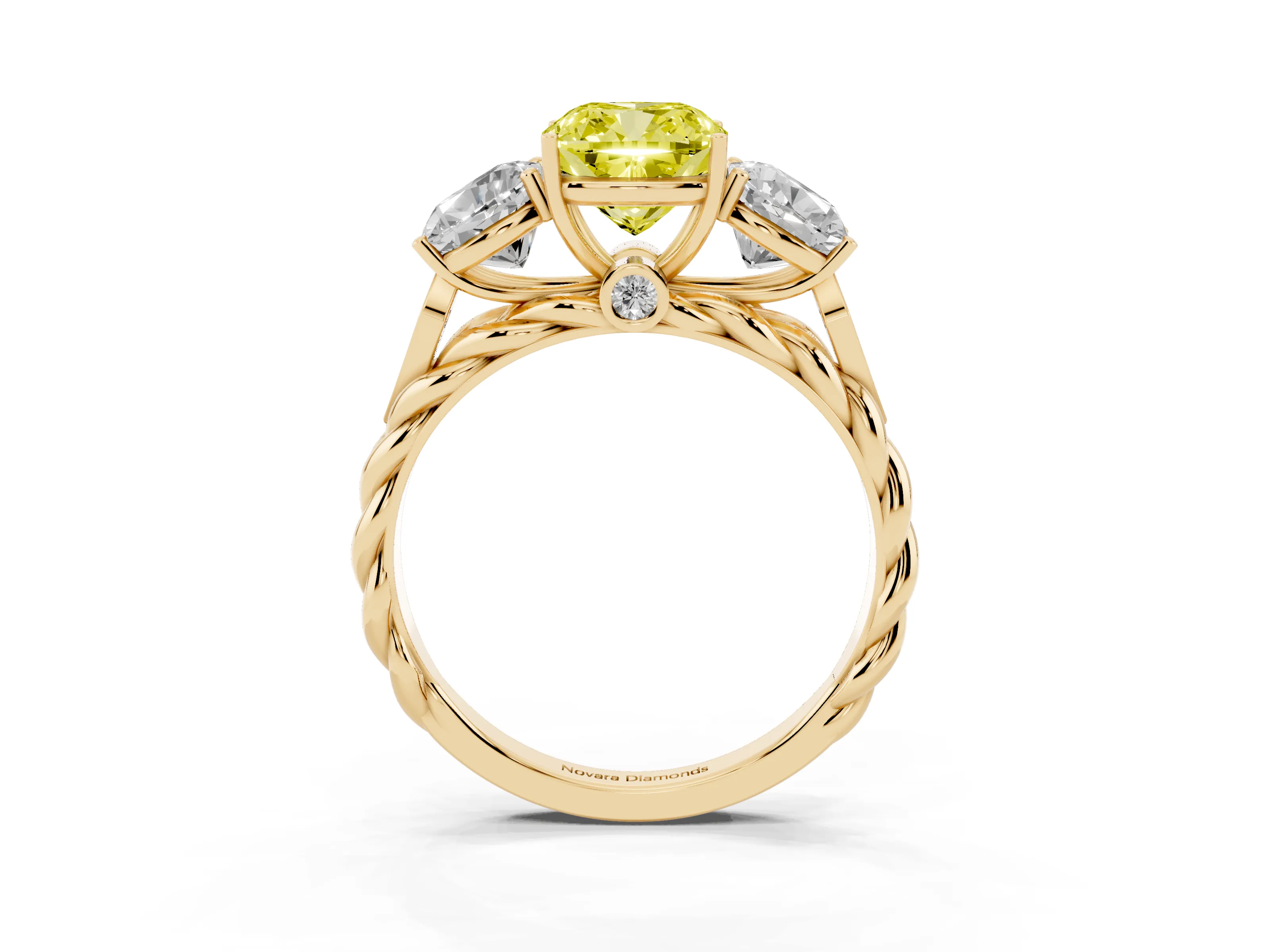 Fancy Yellow Cushion Cut Diamond Three-Stone Ring Set in Yellow gold with Braided Band