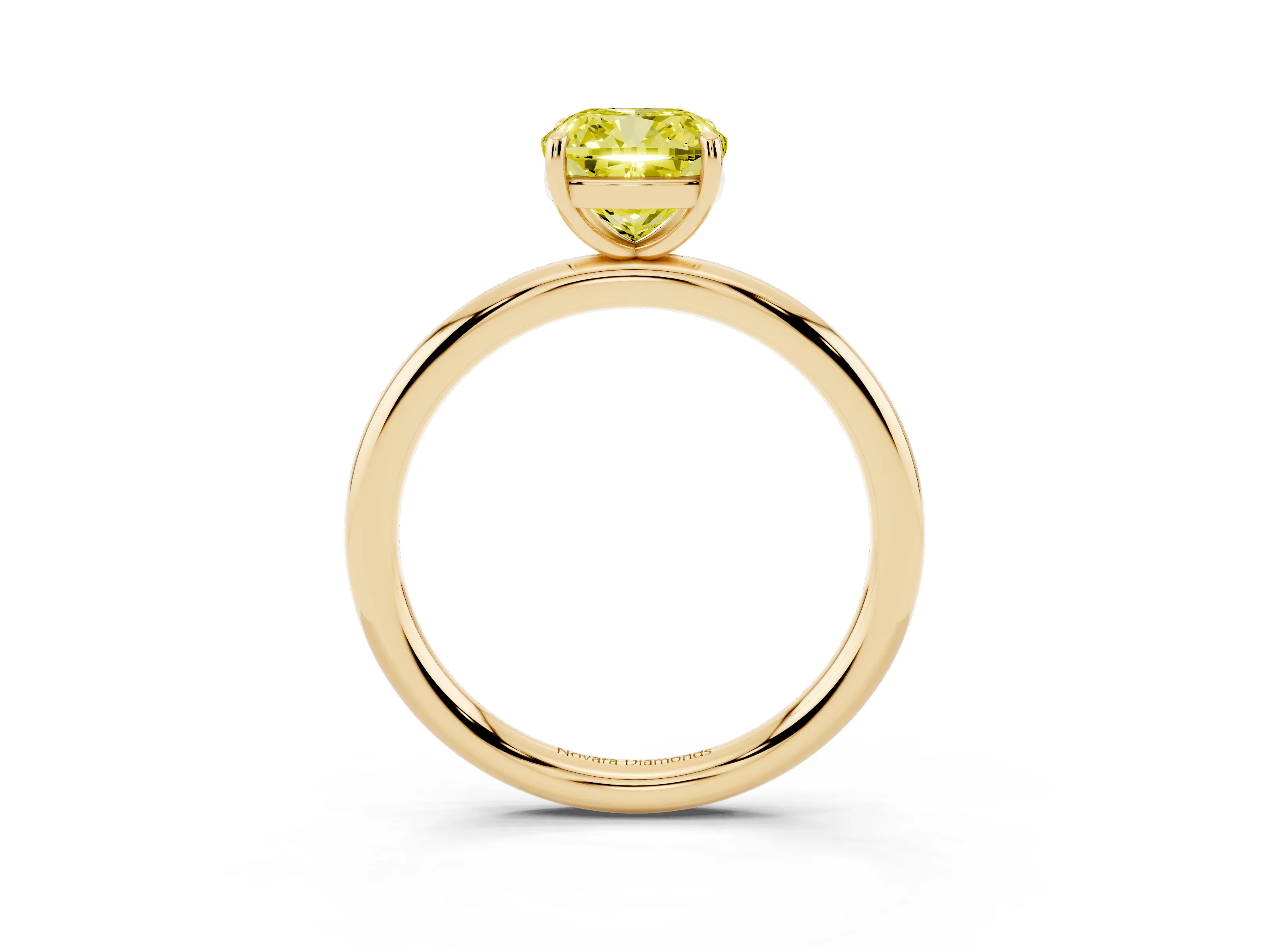 Fancy Yellow Cushion Cut Diamond Solitaire Ring Set in Yellow gold with Prong Setting on a Polished Plain Band