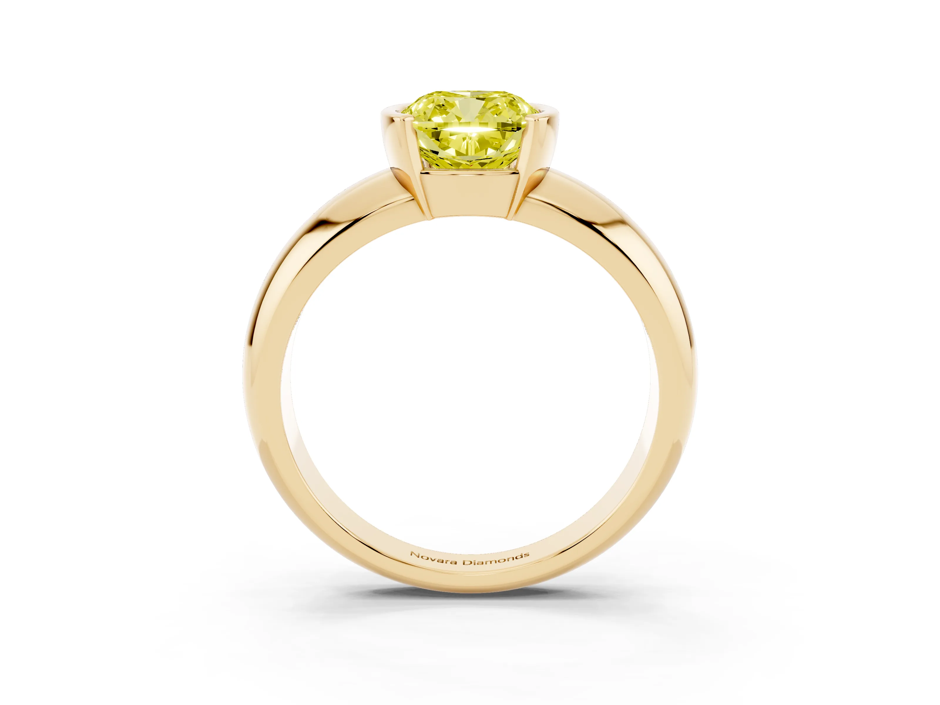 Fancy Yellow Cushion Cut Diamond Solitaire Tension Set Ring Set in Yellow gold with Wide Band