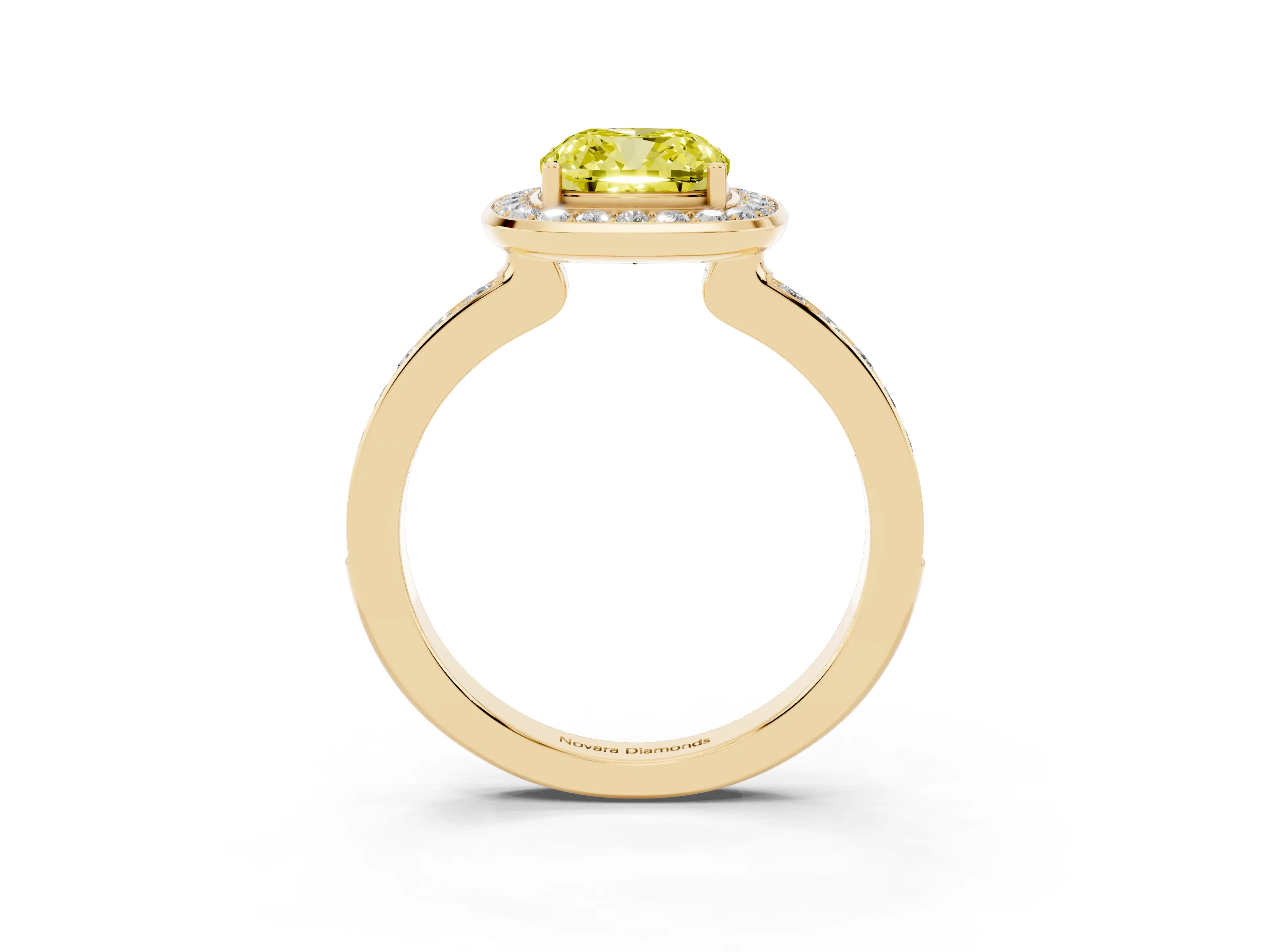 Fancy Yellow Cushion Cut Diamond Halo Ring Set in Yellow gold with Bezel Frame and Pavé Band