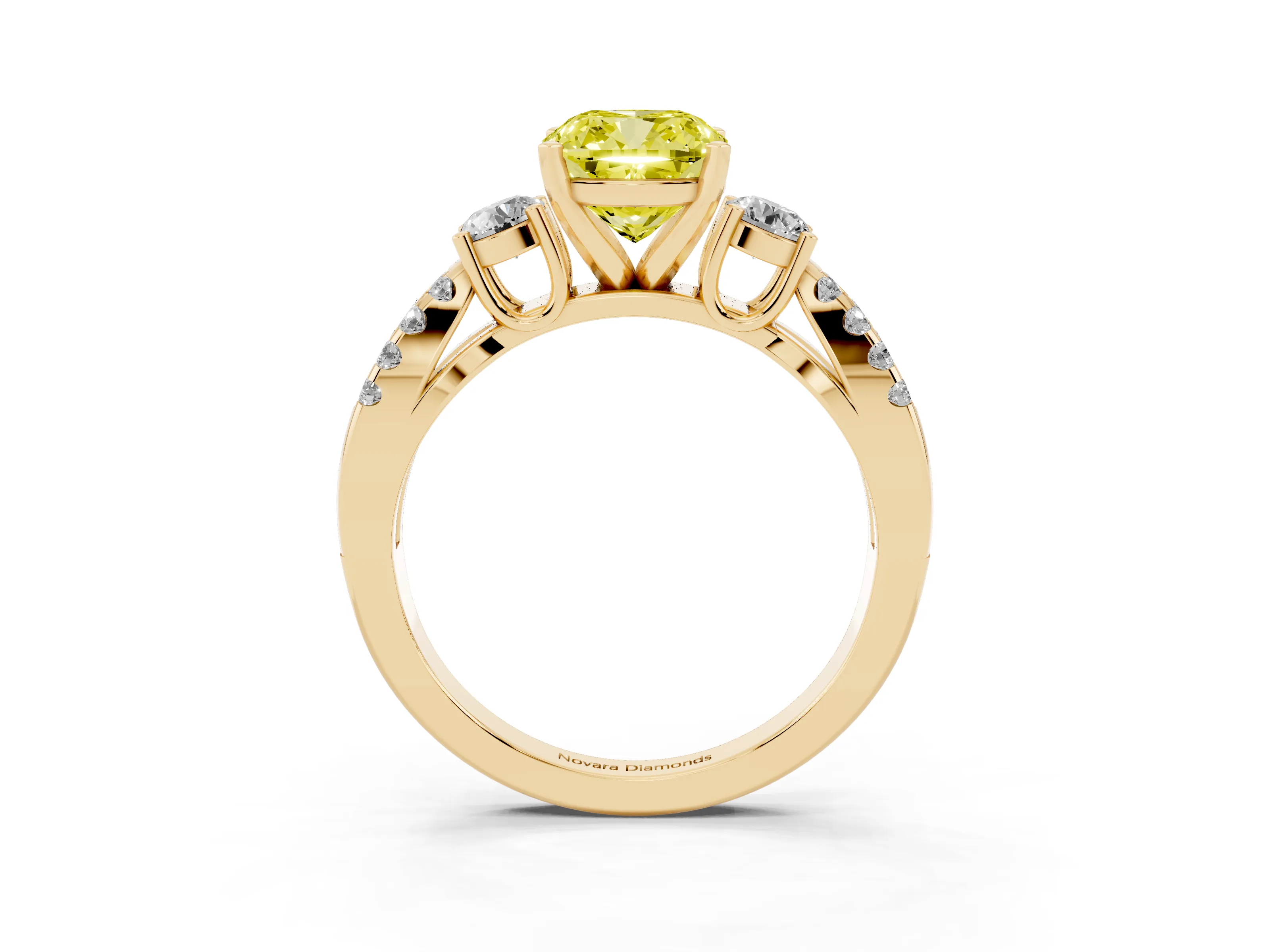 Fancy Yellow Cushion Cut Diamond Three-Stone Ring Set in Yellow gold with Pavé Split Shank and Prong Setting