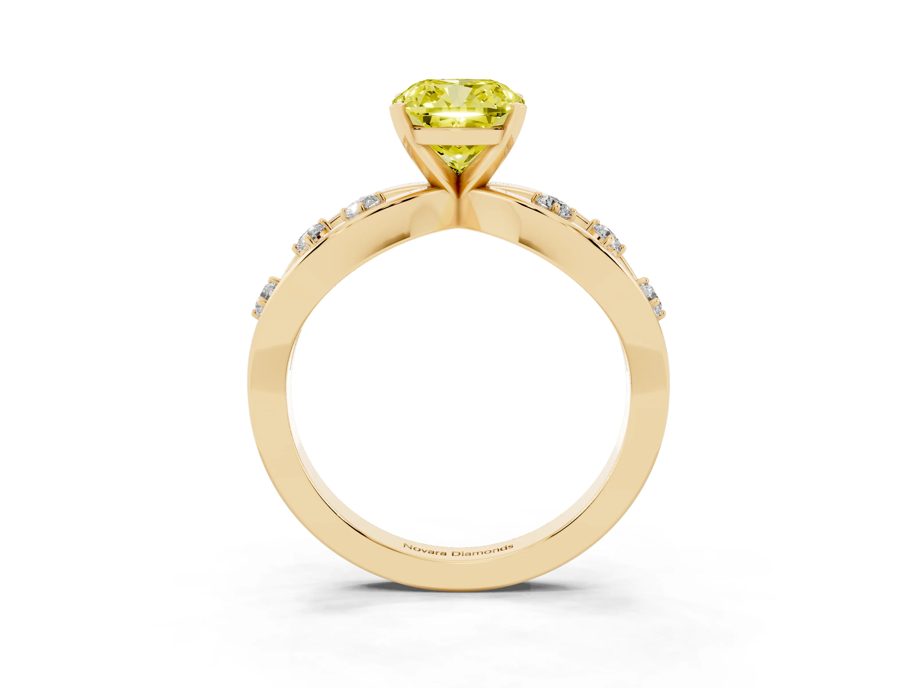 Fancy Yellow Cushion Cut Diamond Solitaire Ring Set in Yellow gold with Side Stones on Criss-Cross Band and Prong Setting