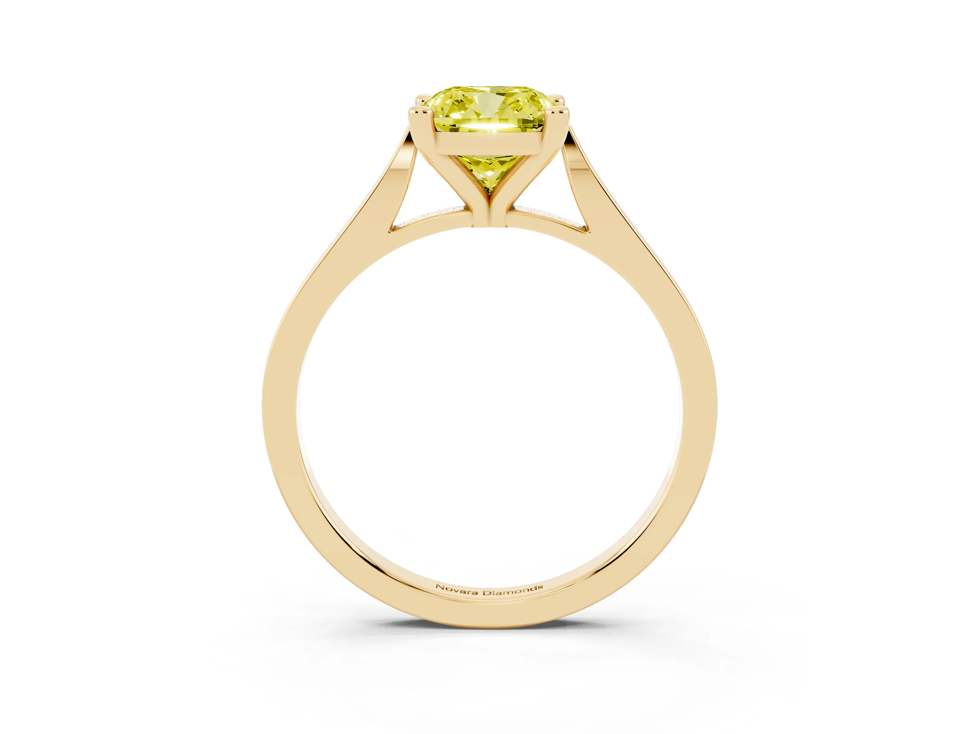 Fancy Yellow Cushion Cut Diamond Solitaire Ring Set in Yellow gold with Prong Setting and Tapered Band