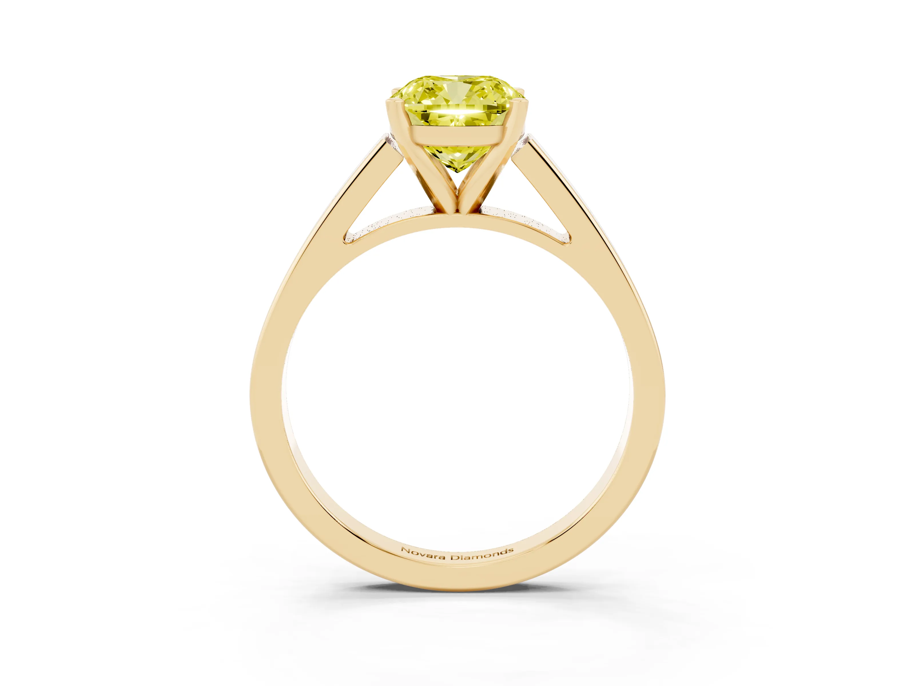 Fancy Yellow Cushion Cut Diamond Solitaire Engagement Ring Set in Yellow gold with Prong Setting and Tapered Band