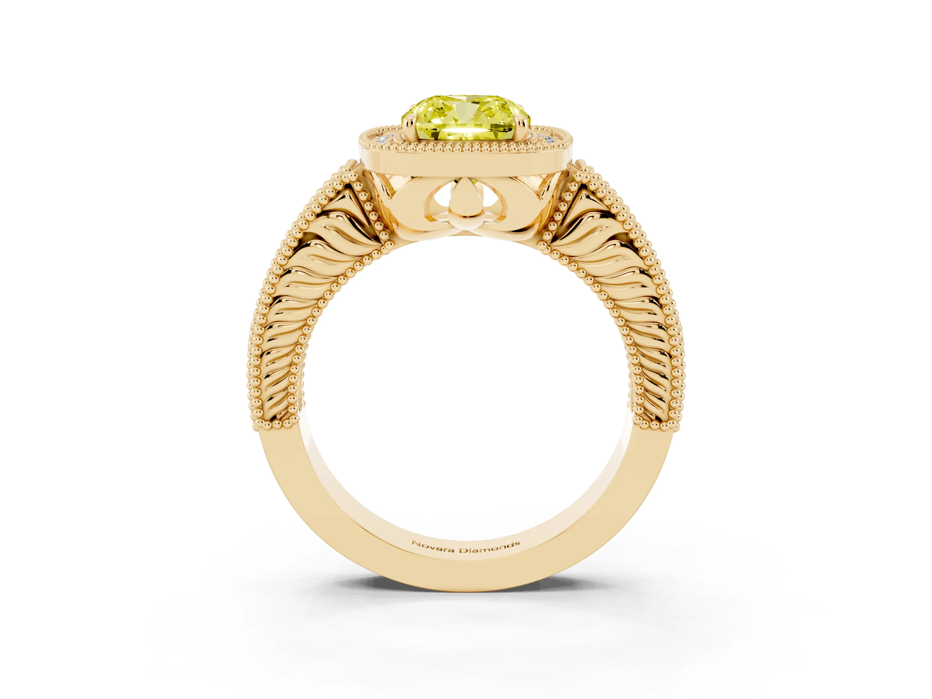 Fancy Yellow Cushion Cut Diamond Halo Ring Set in Yellow gold with Round Accent Halo, Pavé Band and Prong Setting