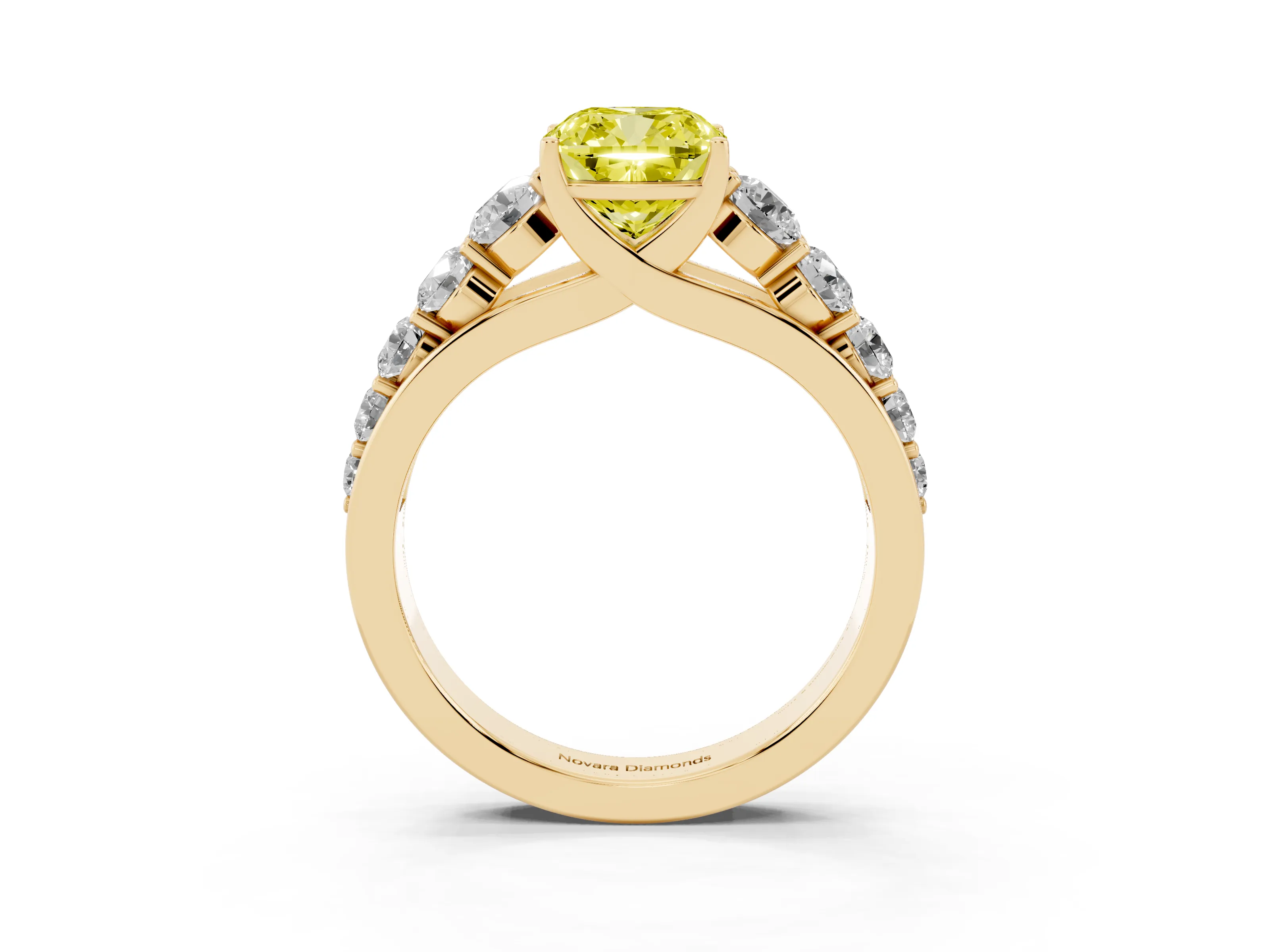 Fancy Yellow Cushion Cut Diamond Solitaire Ring Set in Yellow gold with Pavé-Set Band and Prong Setting