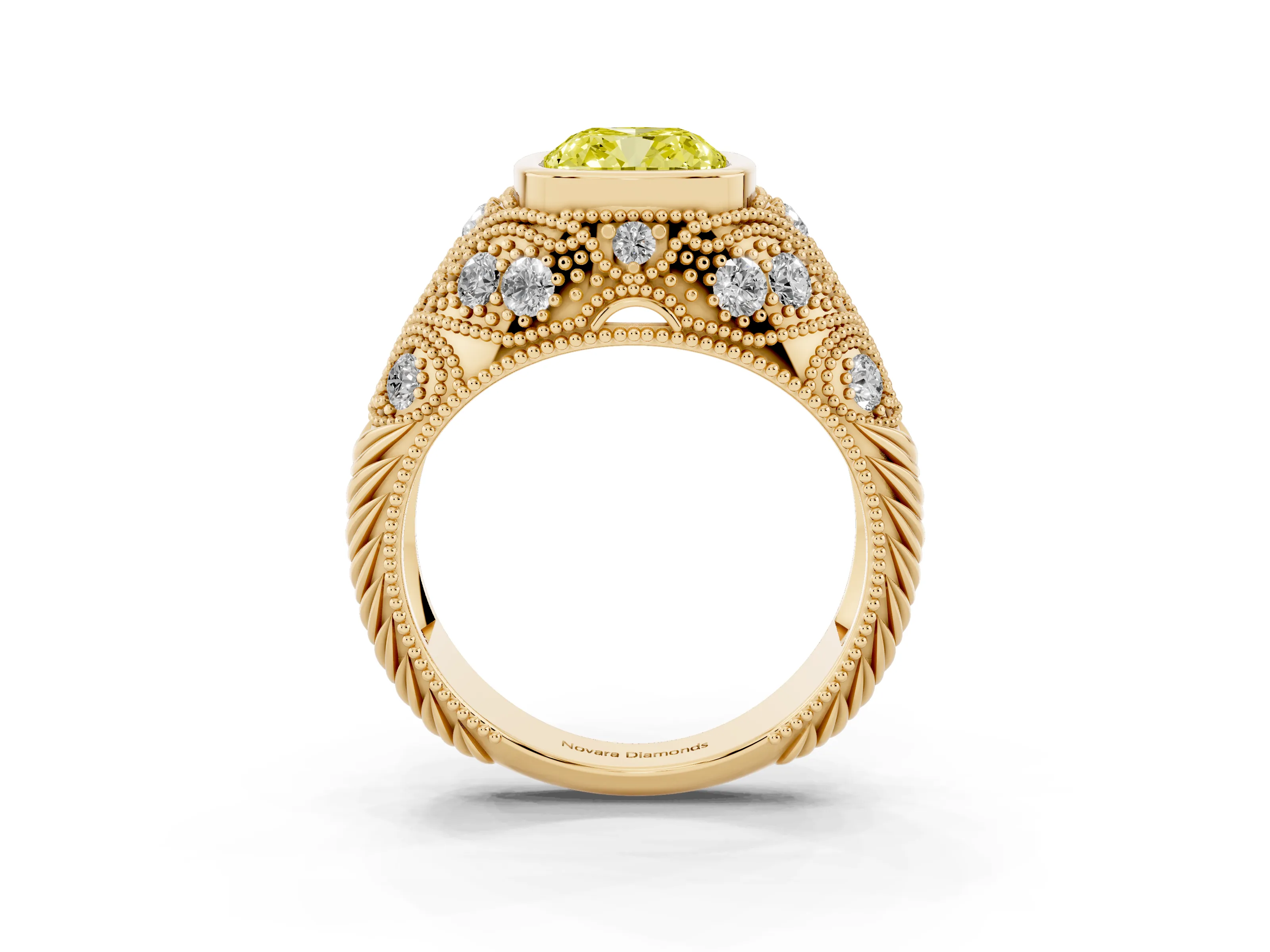 Fancy Yellow Cushion Cut Diamond Bezel Ring Set in Yellow gold with Milgrain Accent Band