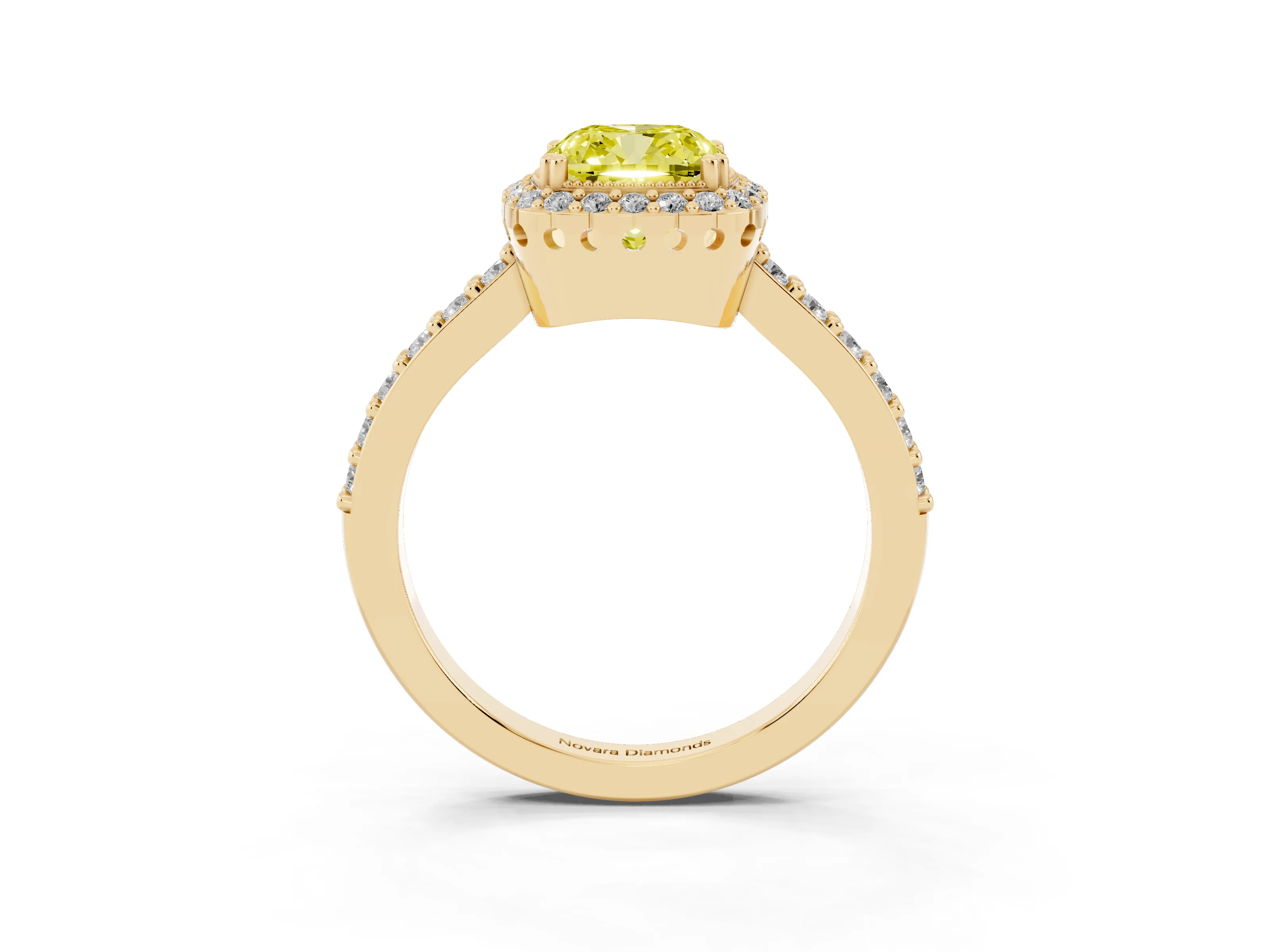 Fancy Yellow Cushion Cut Diamond Halo Engagement Ring Set in Yellow gold with Milgrain Detail and Pavé Band