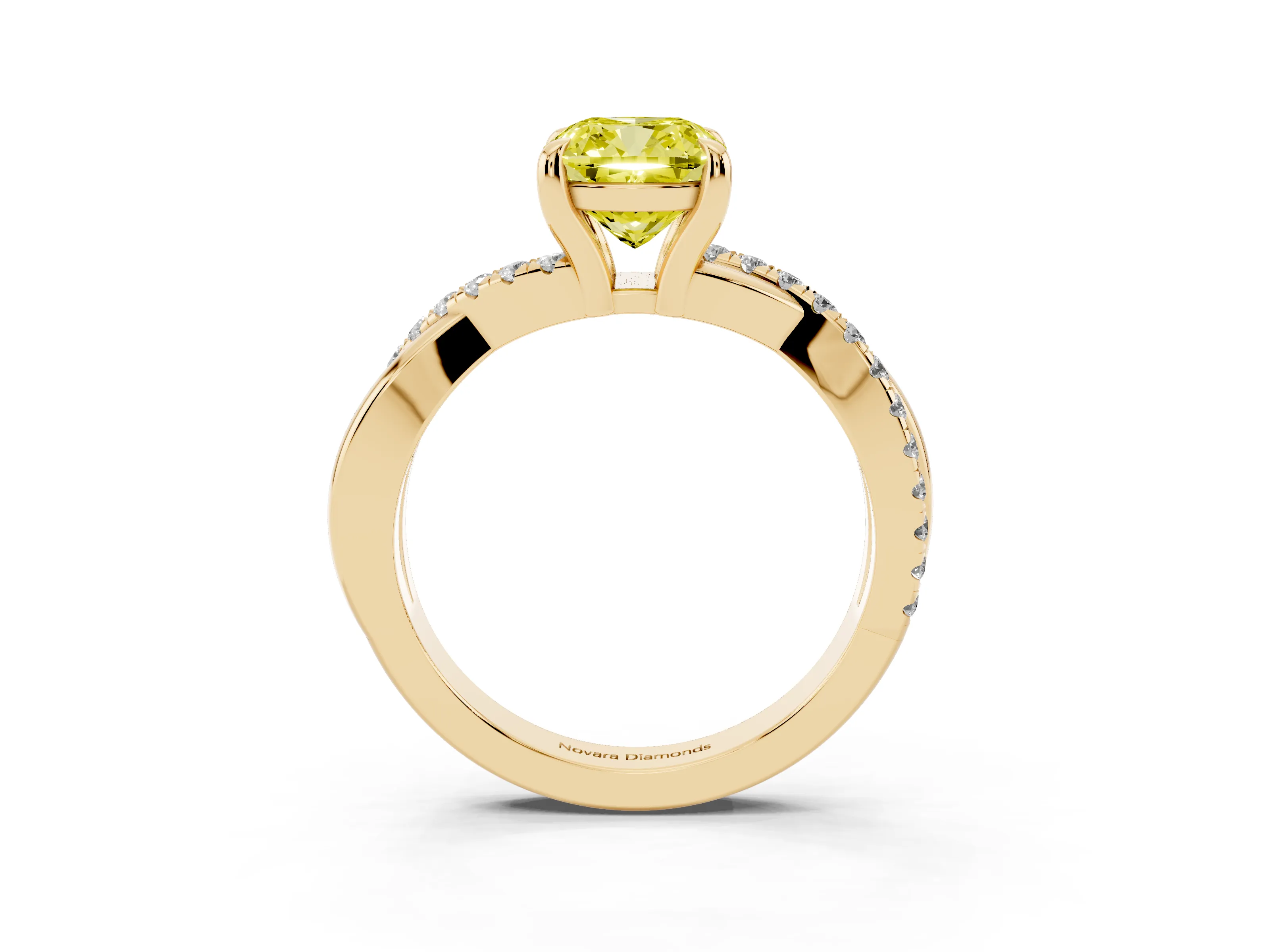 Fancy Yellow Cushion Cut Diamond Twist Band Pavé Solitaire Ring Set in Yellow gold with Prong Setting