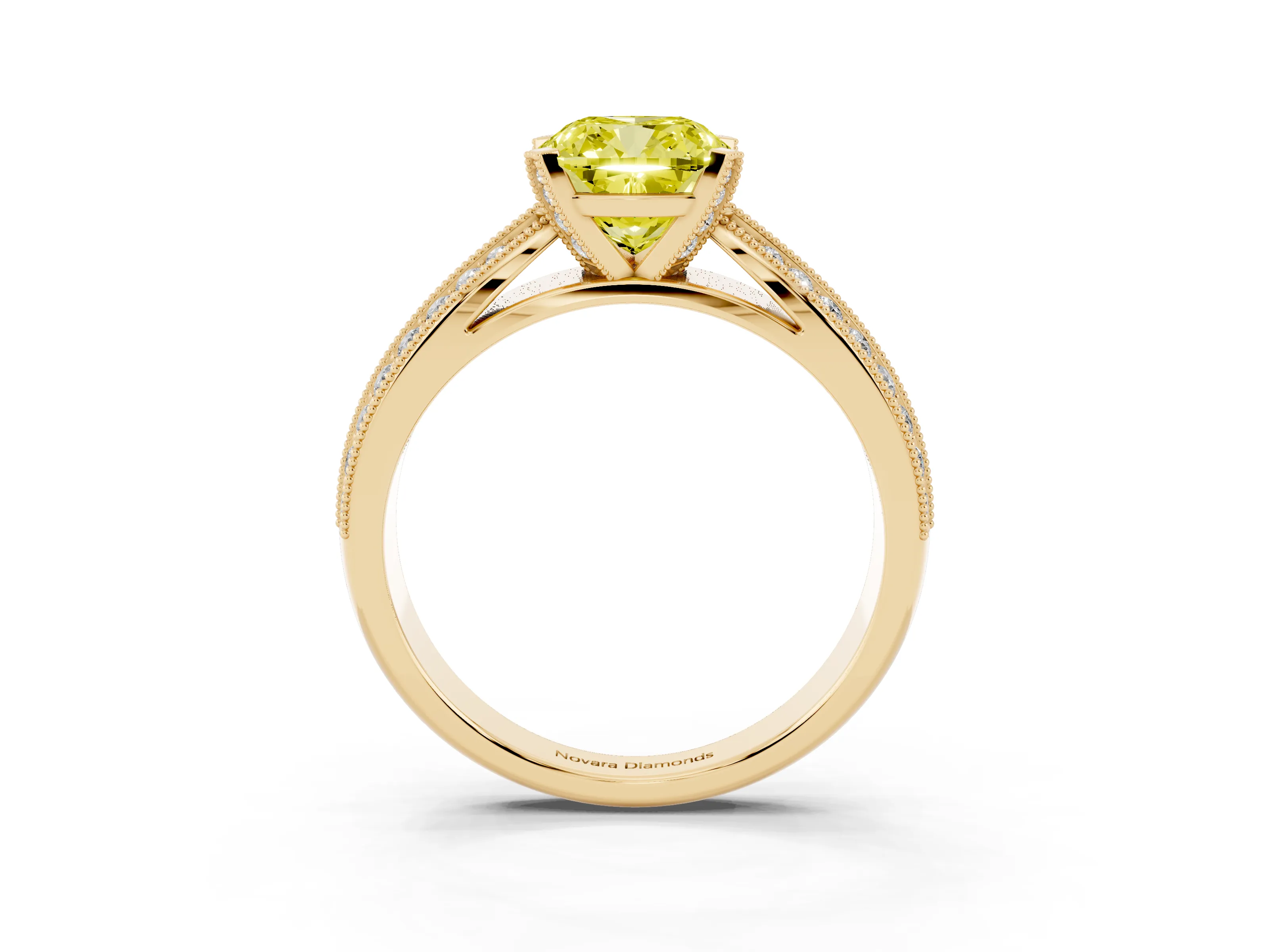 Fancy Yellow Cushion Cut Diamond Solitaire Ring Set in Yellow gold with Milgrain Double Row Round Pavé Band