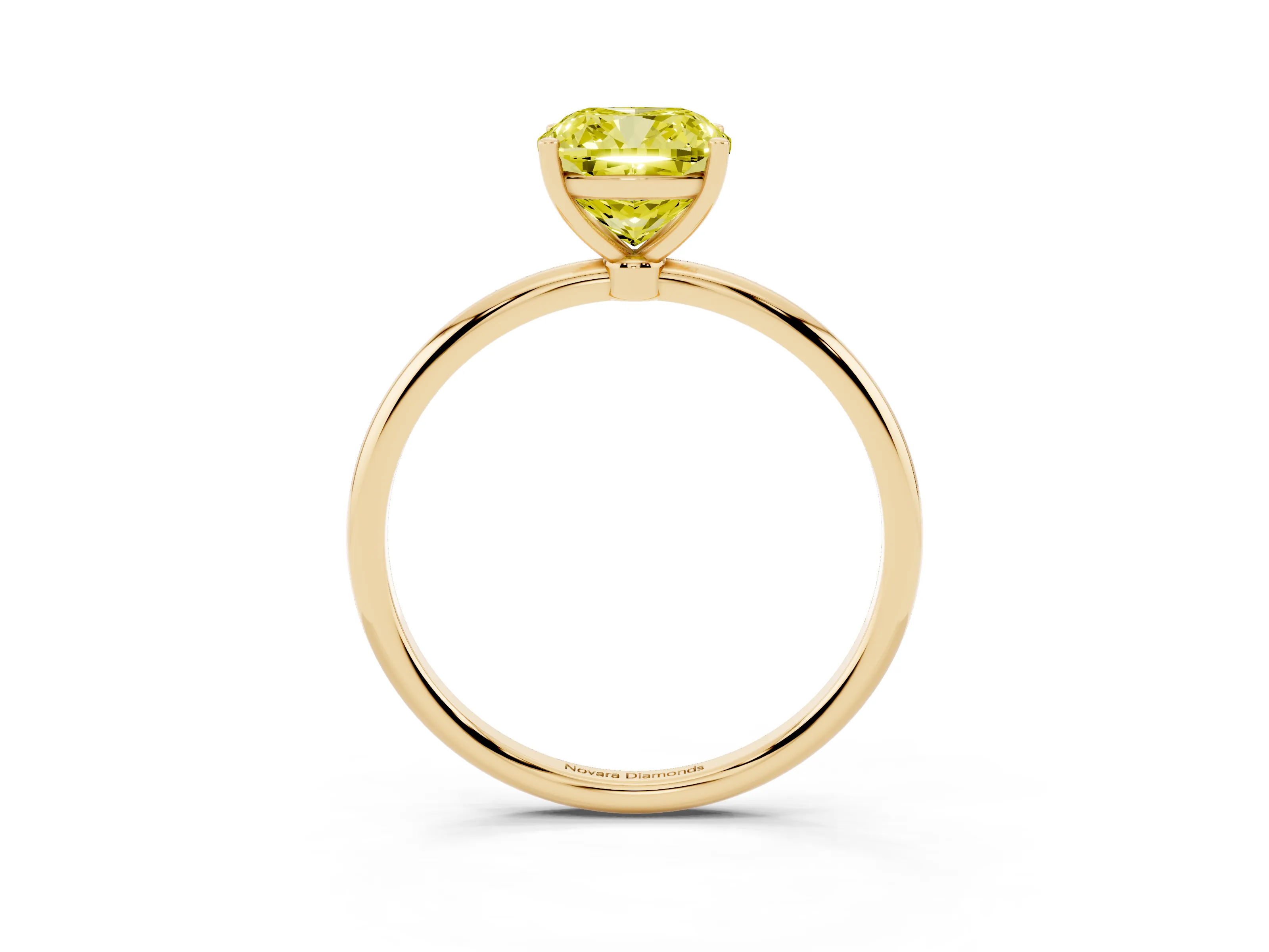 Fancy Yellow Cushion Cut Diamond Solitaire Engagement Ring Set in Yellow gold with Thin Band and Prong Setting