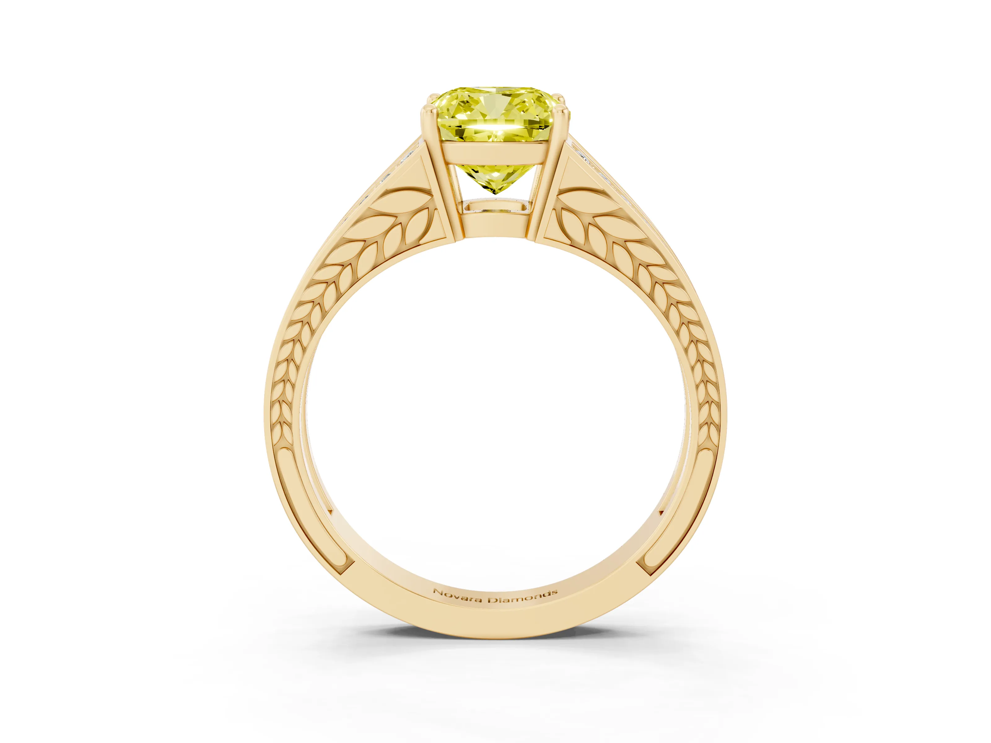 Fancy Yellow Cushion Cut Diamond Split Shank Ring Set in Yellow gold with Pavé Band and Prong Setting