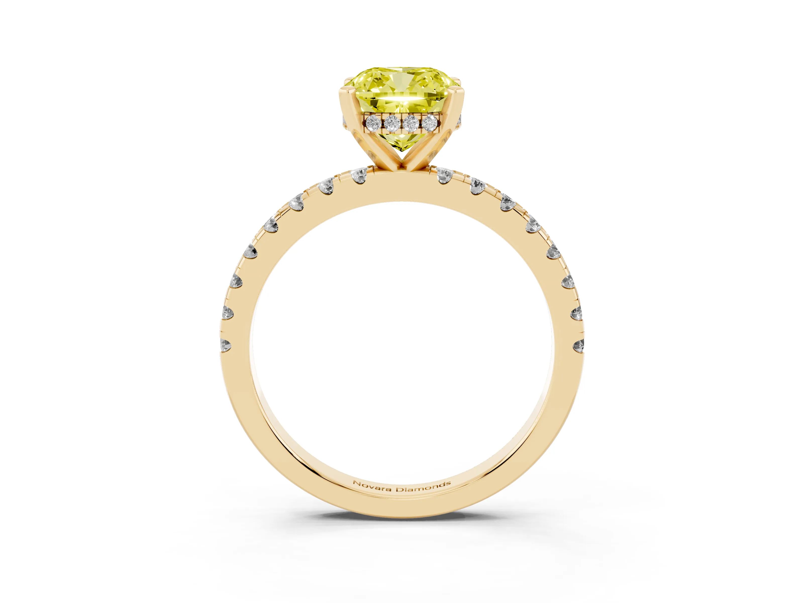 Fancy Yellow Cushion Cut Diamond Pavé Solitaire Ring Set in Yellow gold with Round Band Accents and Prong Setting