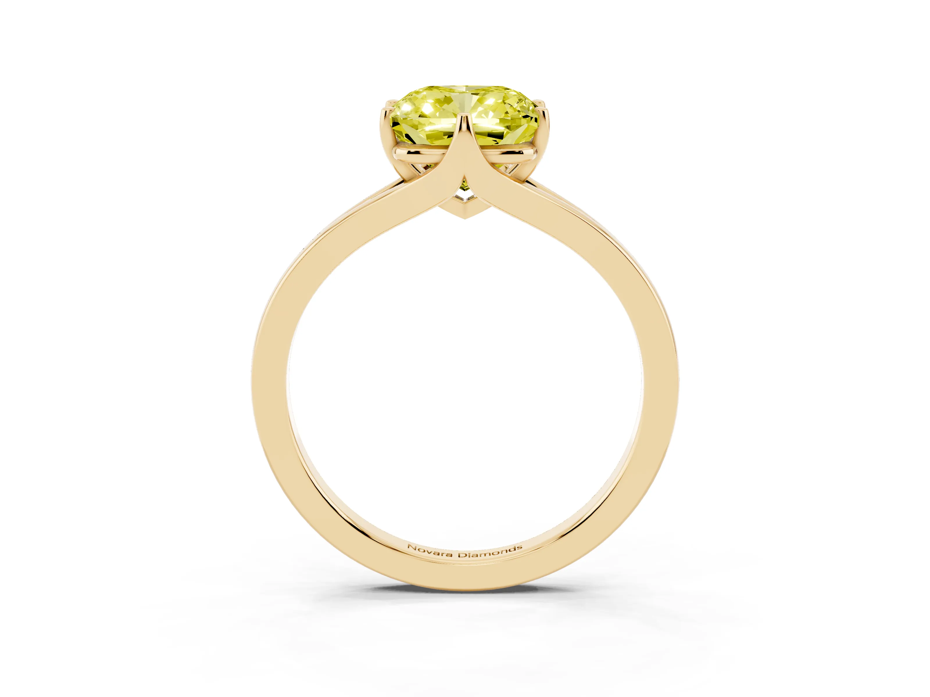 Fancy Yellow Cushion Cut Diamond Solitaire Ring Set in Yellow gold with Polished Tapered Band and Prong Setting