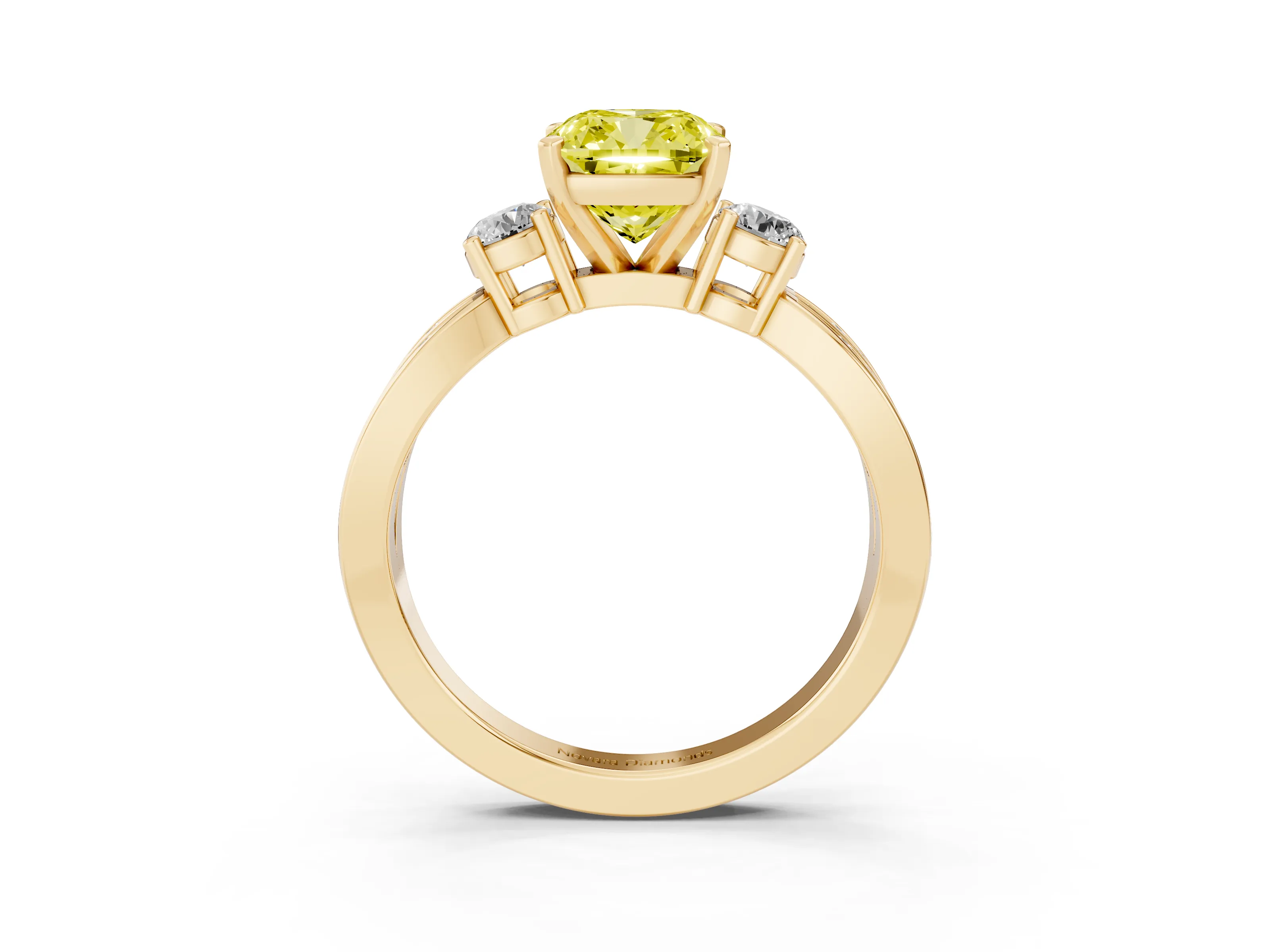 Fancy Yellow Three-Stone Cushion Cut Diamond Twist Band Ring Set in Yellow gold with Pavé Accents and Prong Setting