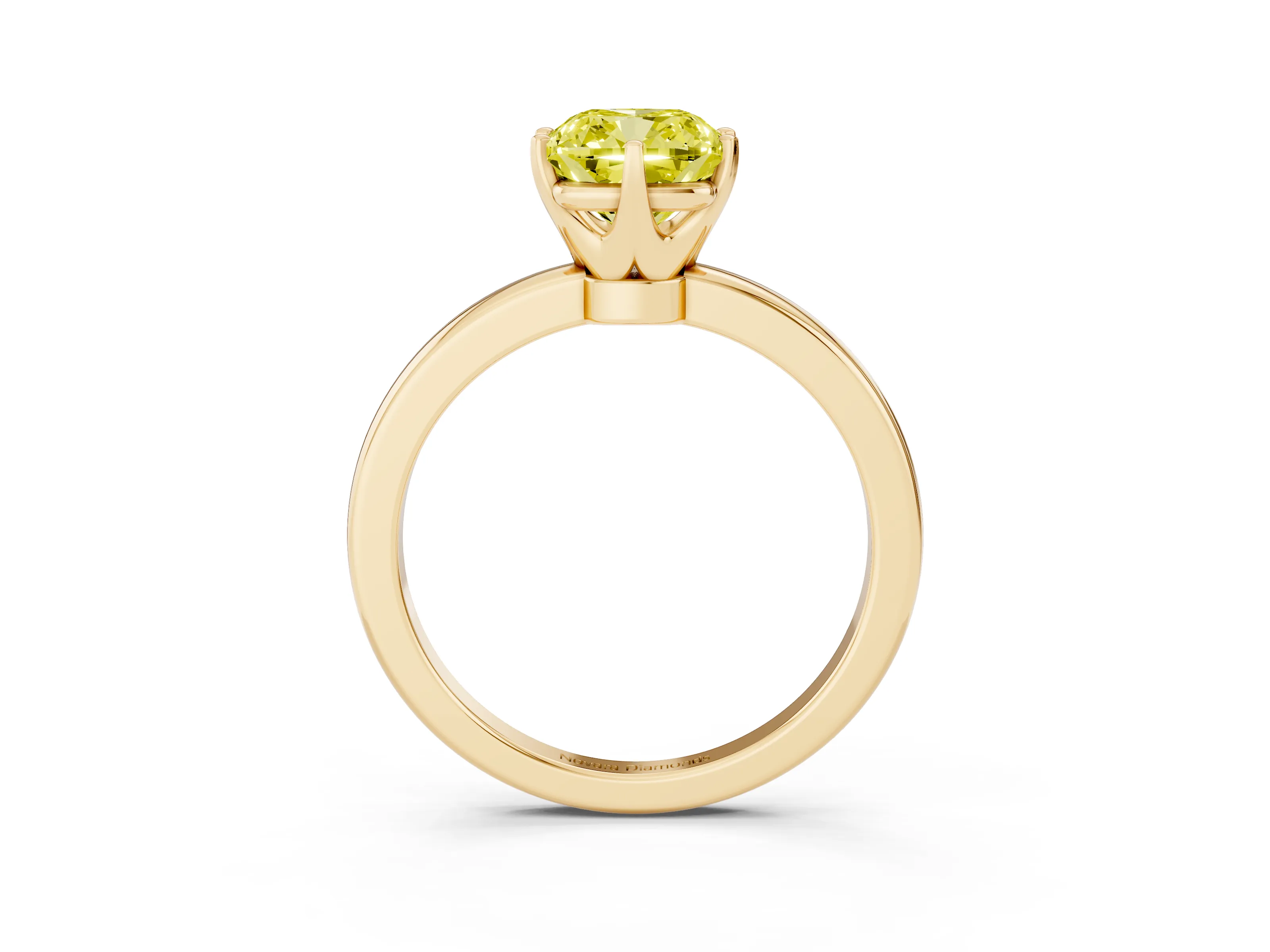 Fancy Yellow Cushion Cut Diamond Solitaire Ring Set in Yellow gold with Raised Prong Setting on a Classic Band