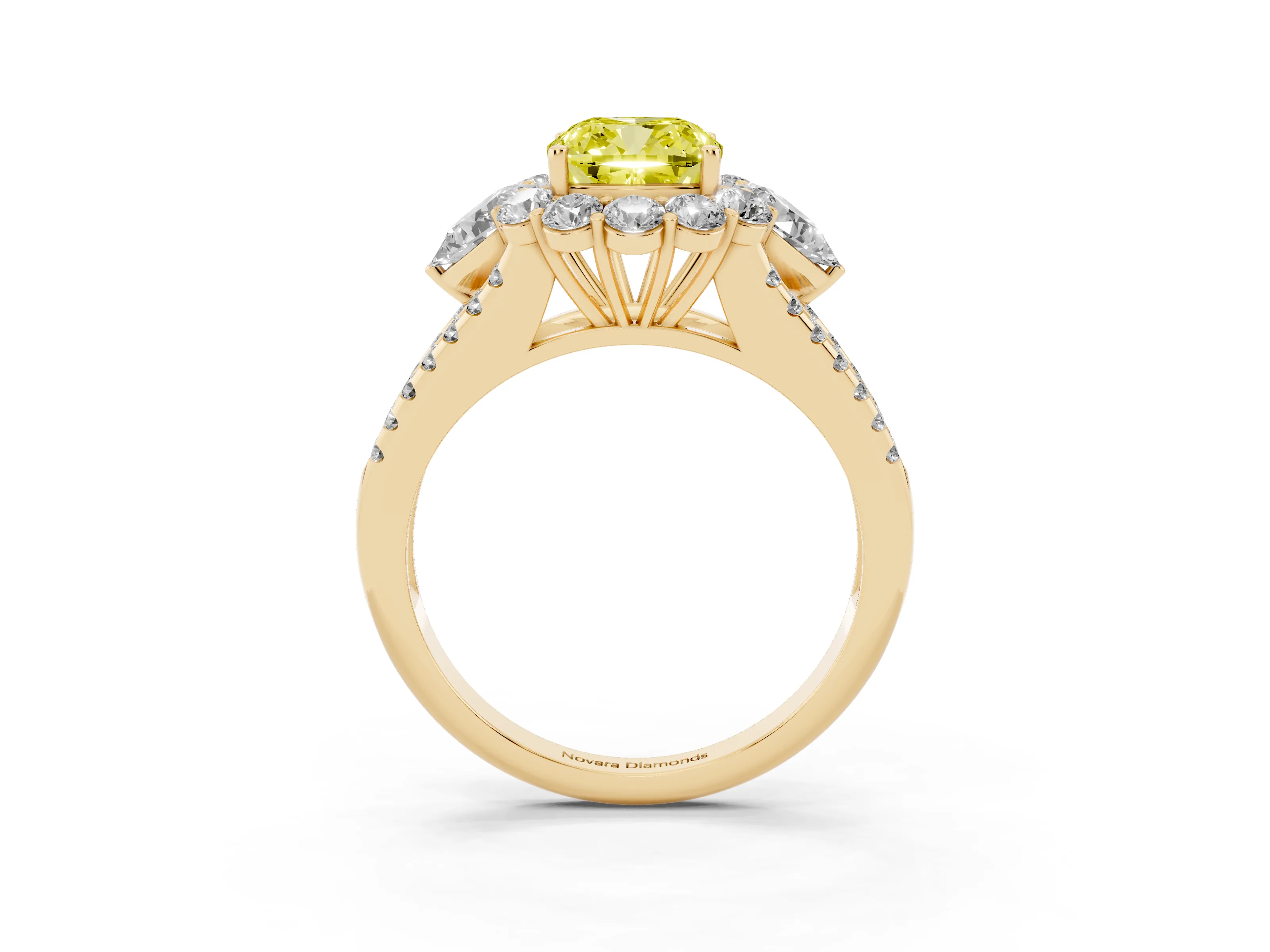 Fancy Yellow Cushion Cut Diamond Halo Split Shank Engagement Ring Set in Yellow gold with Prong-Held Center Stone