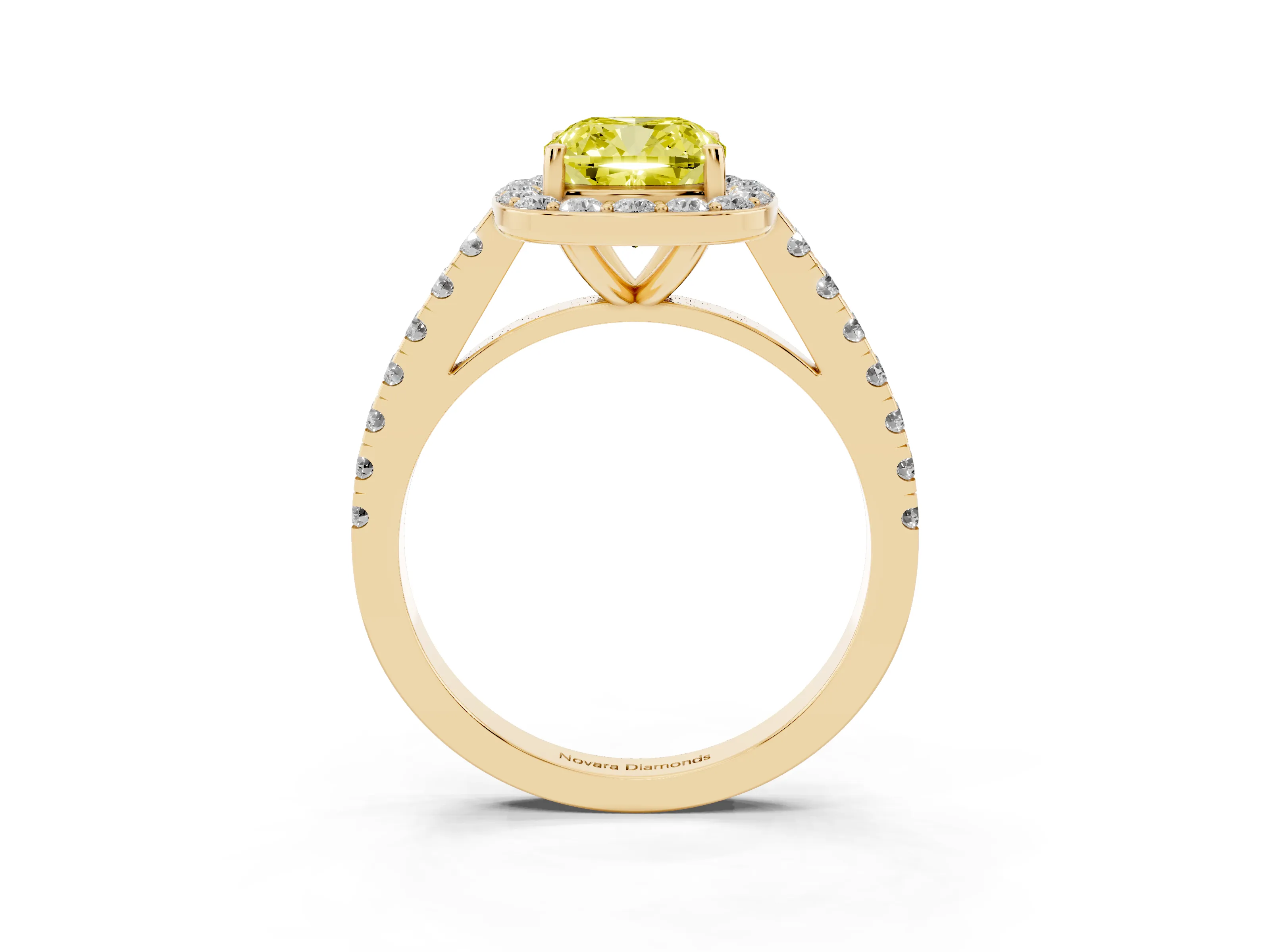 Fancy Yellow Cushion Cut Diamond Halo Ring Set in Yellow gold with Round Pavé Split Shank and Prong Setting